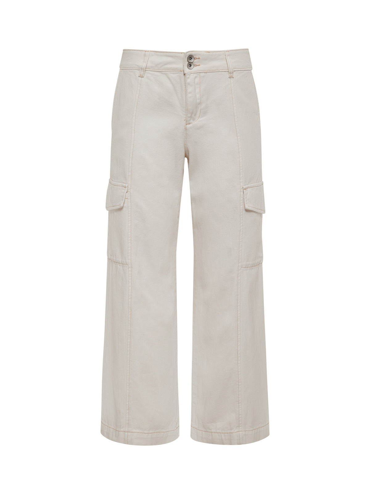 The Rebel Wide Leg Crop Pant in Powdered Sugar by Sanctuary Clothing features a casual, utilitarian style with two front button closures, side pockets with flaps, and visible stitching lines. These pants are made from a sturdy fabric and boast a wide-leg cropped design in light beige.