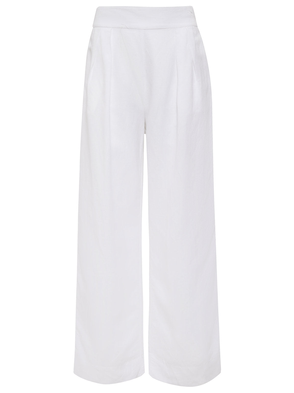 Sanctuary Clothing's Pull Me On Pant White is a pair of high-waisted, wide-leg trousers crafted from light fabric. These trousers feature subtle pleats at the waistline and are designed without visible pockets or embellishments.