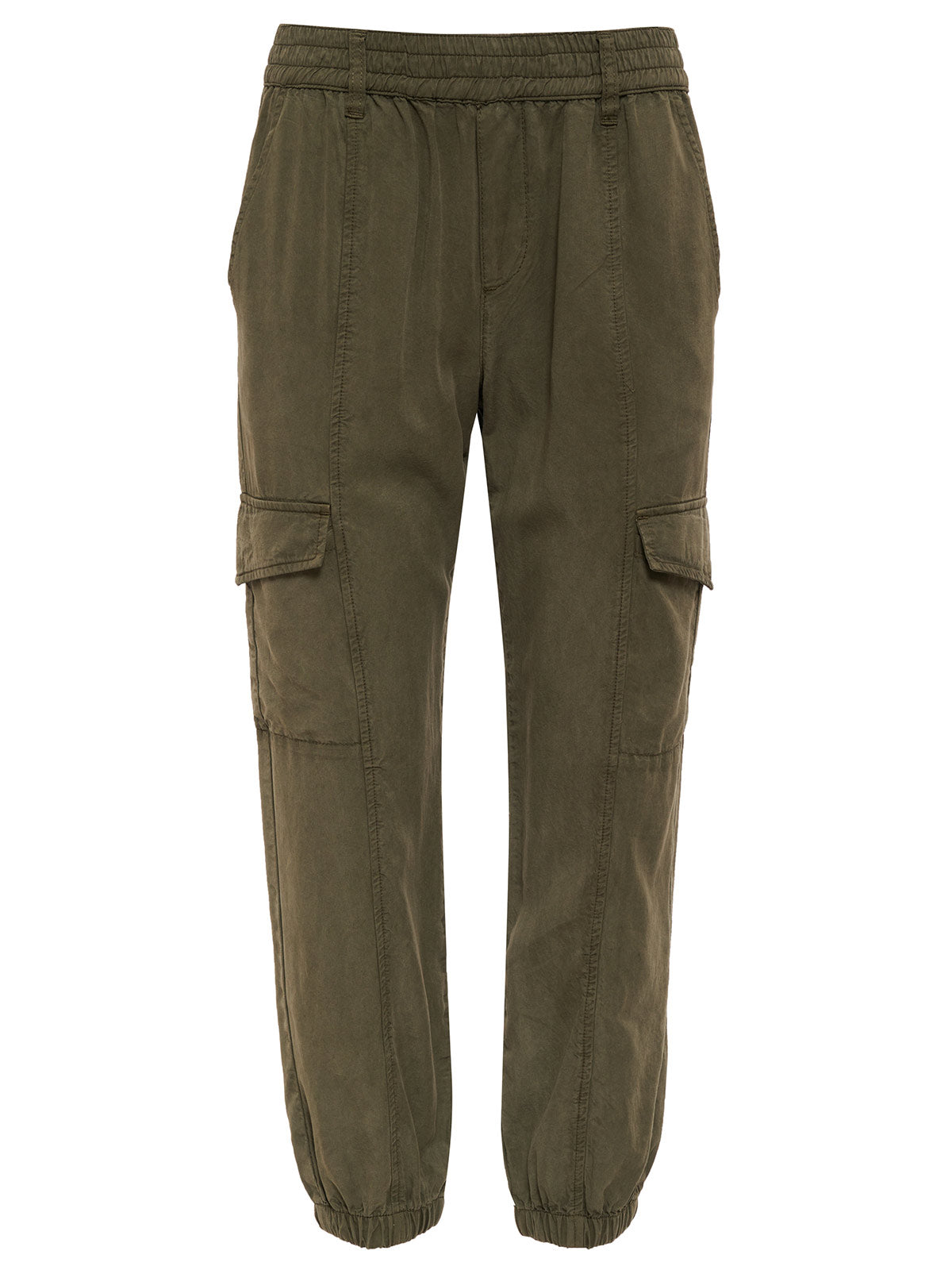 The Relaxed Rebel Burnt Olive cargo pants by Sanctuary Clothing come with an elastic waistband and cuffs. The design includes multiple seams, front pockets, and roomy side cargo pockets. Made from a blend that's perfect for casual wear, these olive green pants blend style and functionality seamlessly.