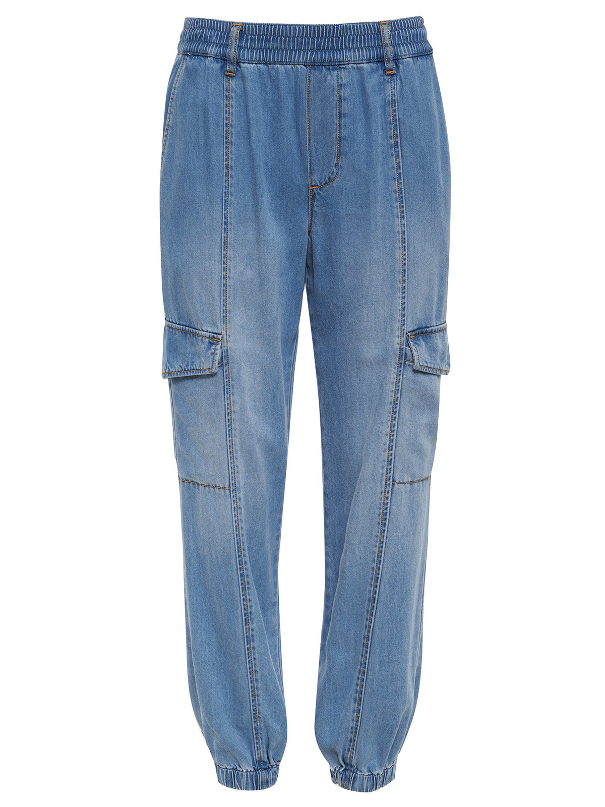 Introducing the Relaxed Rebel Sun Drenched Inclusive Collection by Sanctuary Clothing: Blue denim jogger pants featuring an elastic waistband and elastic cuffs at the ankles. The pants come with front and side pockets, including utility-style cargo pockets on both legs. The denim fabric appears lightly washed for a casual look.