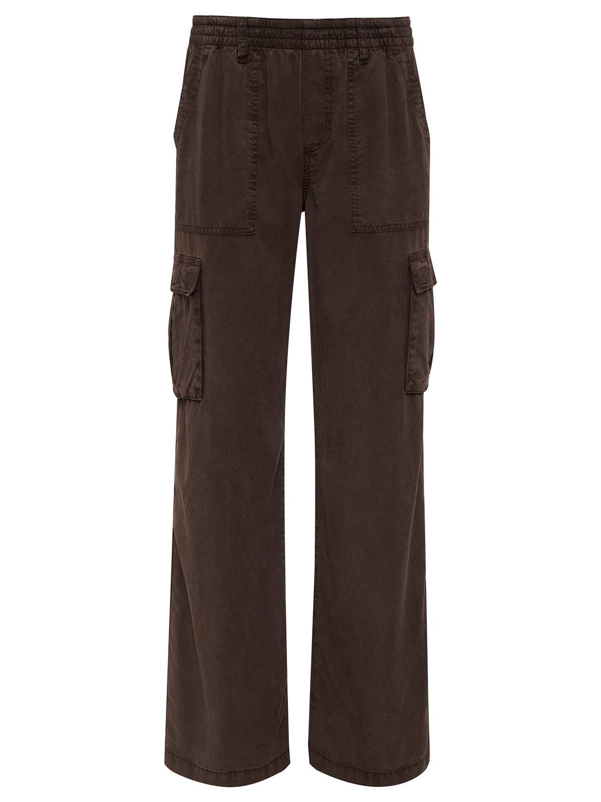 The Relaxed Reissue Mud Bath by Sanctuary Clothing features a pair of brown cargo pants with an elastic waistband and multiple pockets, including two large side pockets with flaps. The pants offer a loose, relaxed fit and a straight leg design.