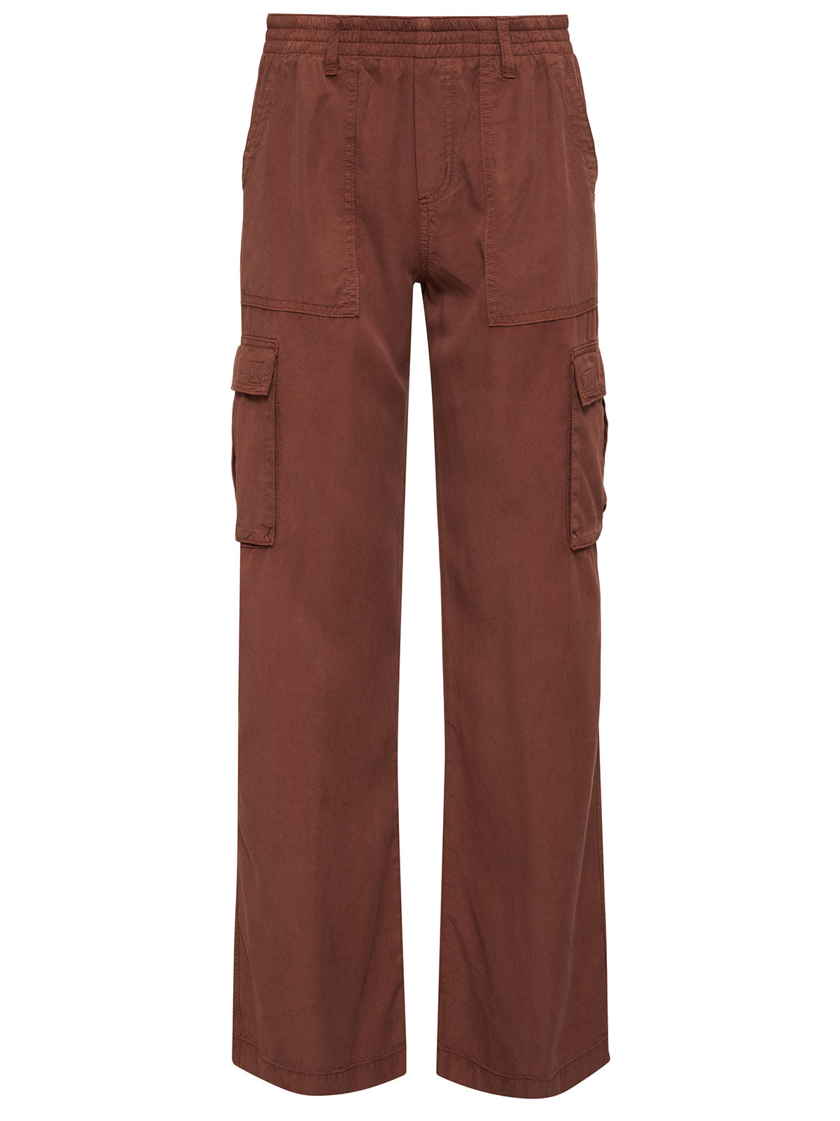 These brown cargo pants, known as the Relaxed Reissue Washed Clay Inclusive Collection from Sanctuary Clothing, feature an elastic waistband. They come equipped with multiple pockets, including two large cargo pockets on the sides of the legs, and boast a straight-leg design. The sturdy fabric makes them ideal for outdoor or casual wear.