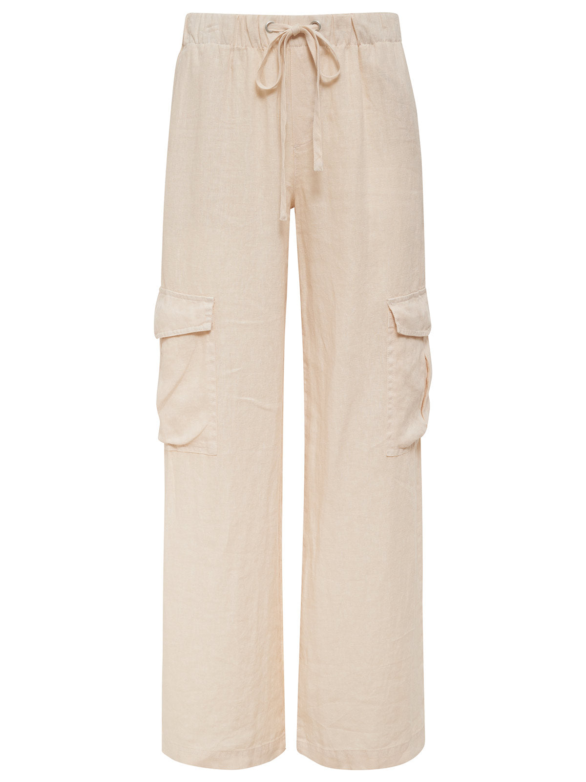 The Drift Linen Cargo Birch pants from Sanctuary Clothing are a pair of beige, wide-leg cargo pants with an elastic waistband and drawstring. The pants feature two large, folded pockets on the sides of the thighs and appear to be made from lightweight and breathable material.