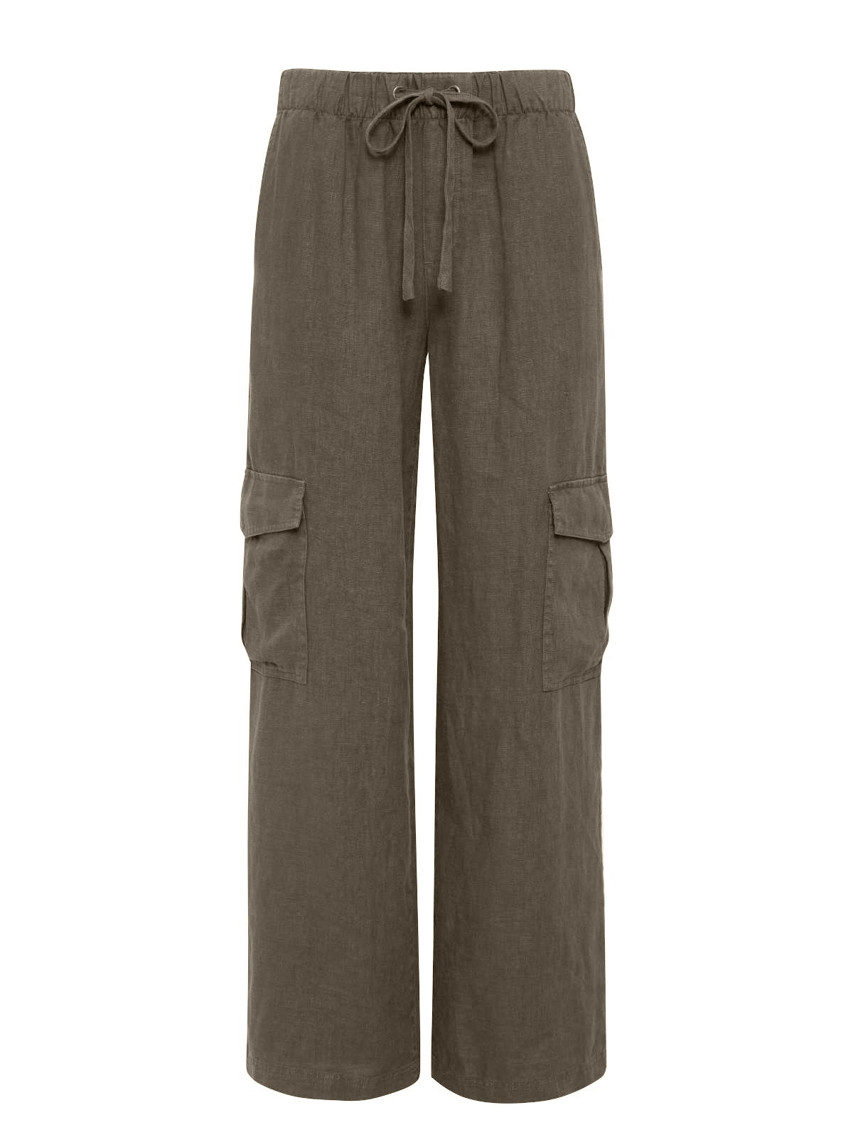 Introducing the Drift Linen Cargo Burnt Olive by Sanctuary Clothing: a pair of burnt olive cargo pants featuring an elastic waistband and a drawstring tie. These pants come equipped with two side pockets and two large flap pockets on the thighs, offering a relaxed, straight-leg fit for ultimate comfort.