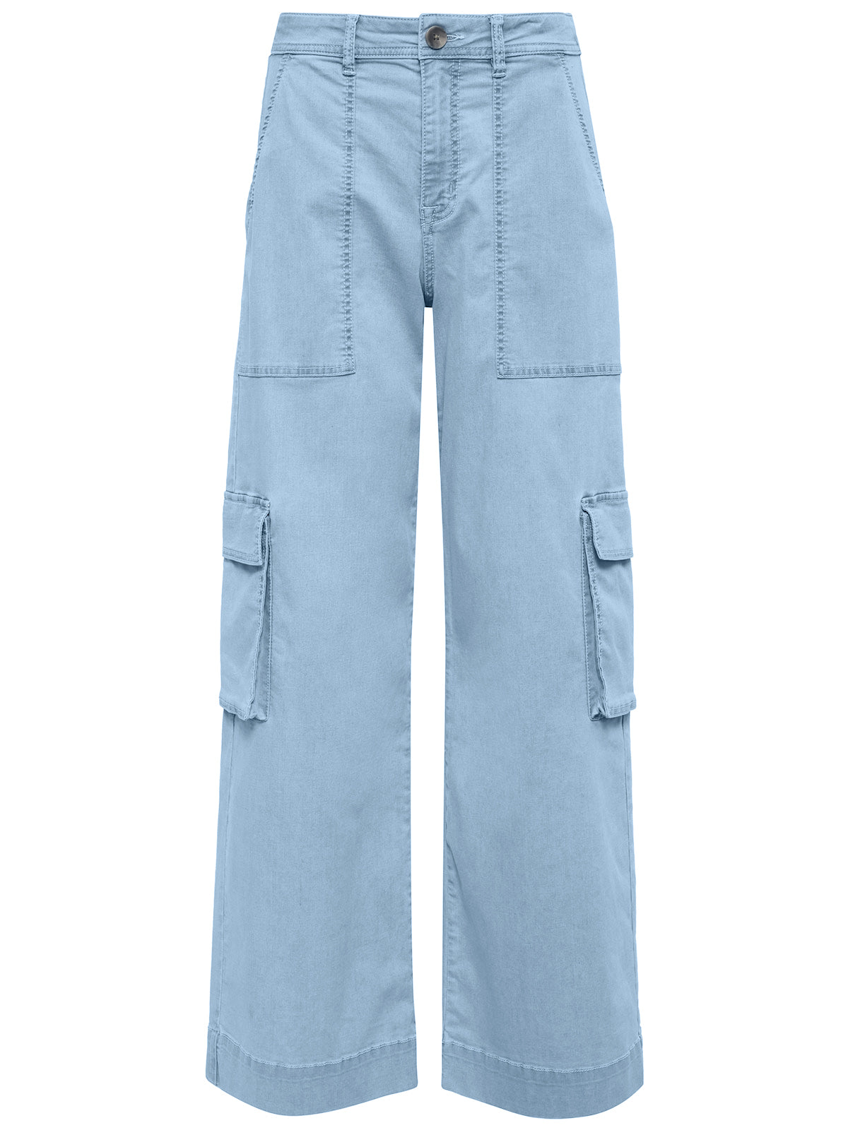 The Sunset Denim Pant Pale Blue by Sanctuary Clothing is a pair of wide-leg cargo pants in a light blue shade, featuring multiple pockets. The pants include large patch pockets on the front and flap pockets on both sides of the legs, and they close at the waist with a button and zipper.