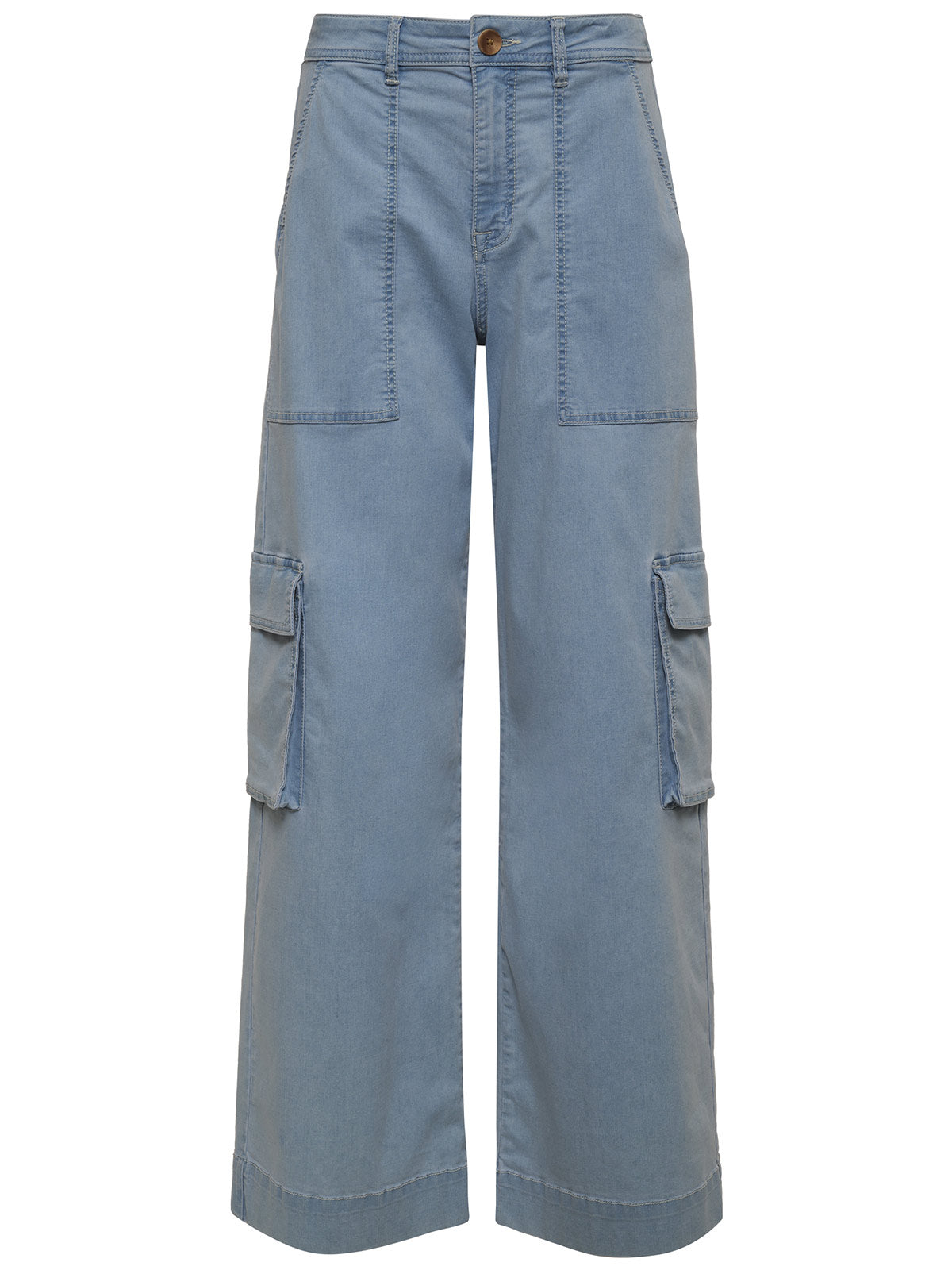 The Sunset Denim Pant Pale Blue from Sanctuary Clothing's Inclusive Collection is a pair of wide-leg denim cargo pants. They feature large front pockets, side cargo pockets with flaps, and a button-fastening waistband. The light blue denim offers a casual, relaxed fit.