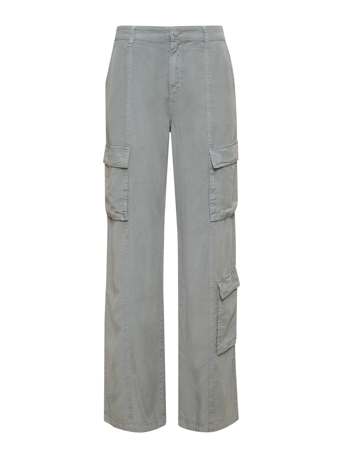 The Doheny Cargo Eucalyptus pants by Sanctuary Clothing are a pair of light gray cargo pants featuring a mid-rise waist, straight legs, and multiple large pockets on the sides. The pants have a button and zipper closure at the front.