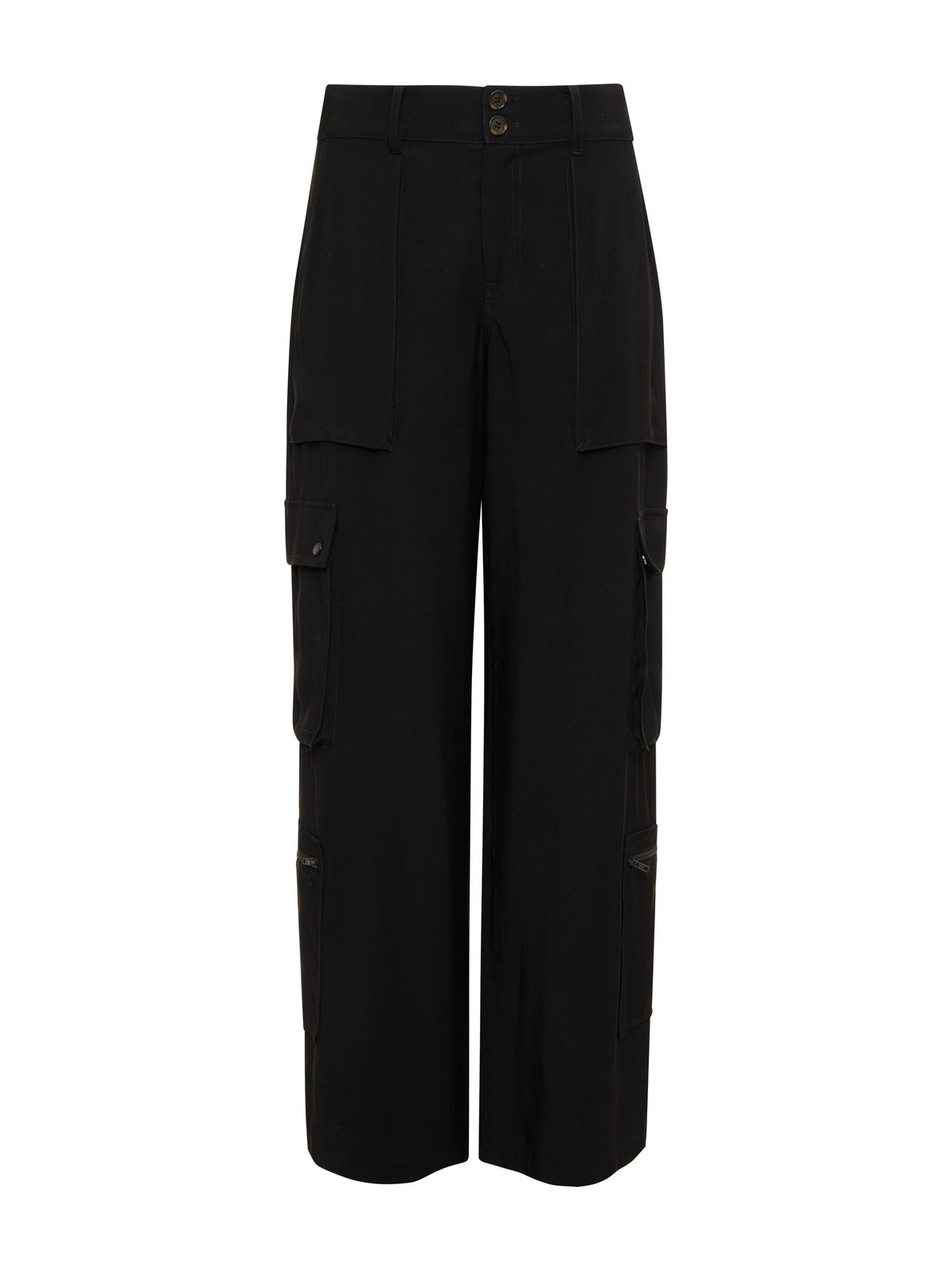 The Ott Cargo Black Inclusive Collection from Sanctuary Clothing features a pair of black high-waisted cargo pants with wide legs and multiple side pockets. These pants come equipped with belt loops, a button closure, and zip fly. Made from sturdy and durable material, they are perfect for casual or outdoor activities.