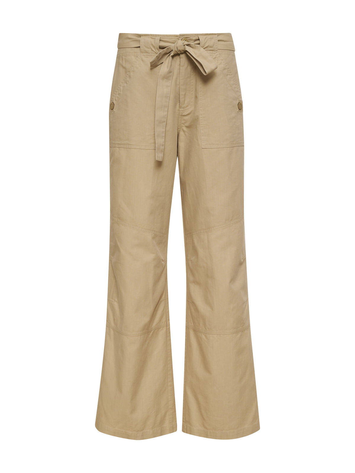 The Reissue 90S Sash Extended Marble Beige trousers by Sanctuary Clothing feature a high waist, tie-front belt, and large front pockets. These beige wide-leg trousers have a casual, relaxed fit with distinctive seam detailing on the legs and buttons on the pockets.