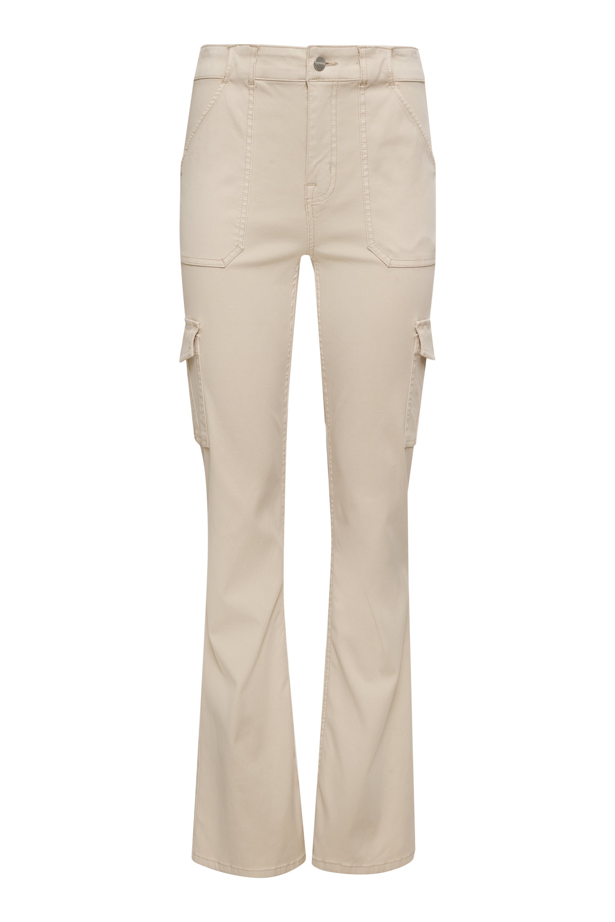 A pair of beige bootcut pants from Sanctuary Clothing's Sculpted Hayden Bootcut Toasted Almond Inclusive Collection. The pants feature side pockets and additional cargo pockets on each thigh, crafted from a sturdy material ideal for casual or utility wear.