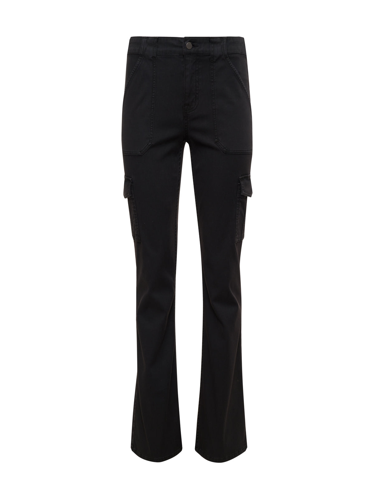 The Sculpted Hayden Bootcut Black Inclusive Collection from Sanctuary Clothing features tailored black cargo pants with front pockets and side cargo pockets on each leg, shown against a white background. The pants include a button and zipper closure, along with detailed stitching that enhances their sculpted look.