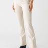 A person wearing off-white high-waisted cargo pants with front and side pockets, paired with the Sculpted Hayden Bootcut Toasted Almond boots from Sanctuary Clothing. The pants have a button and zip closure and are styled with a casual white top. The background is plain white.