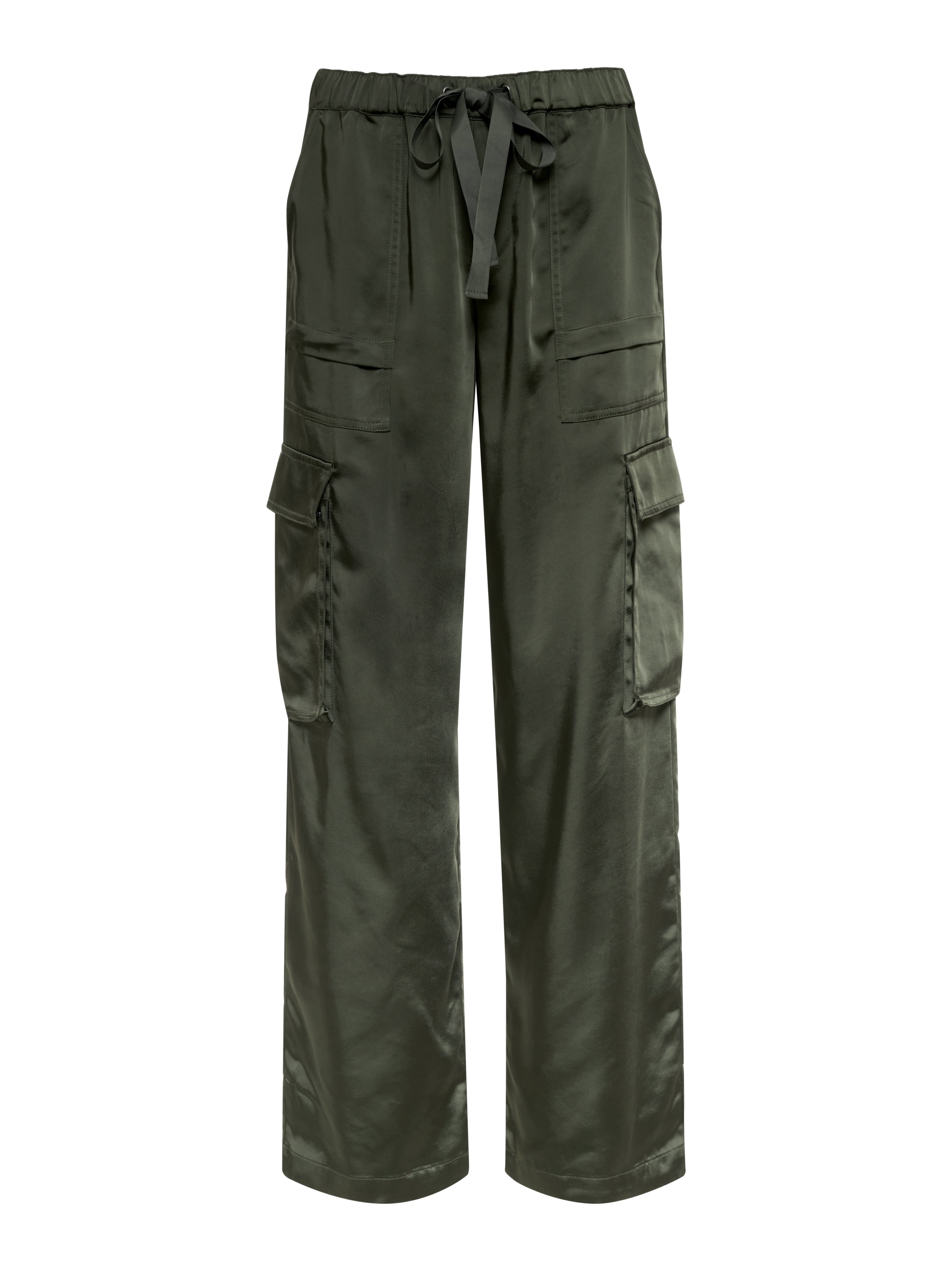 Product Description: The satin cargo wide leg pants in dark olive from Sanctuary Clothing offer a utility-style design with an elastic waistband and drawstring tie. These pants feature multiple pockets and provide a relaxed fit for comfort and style.