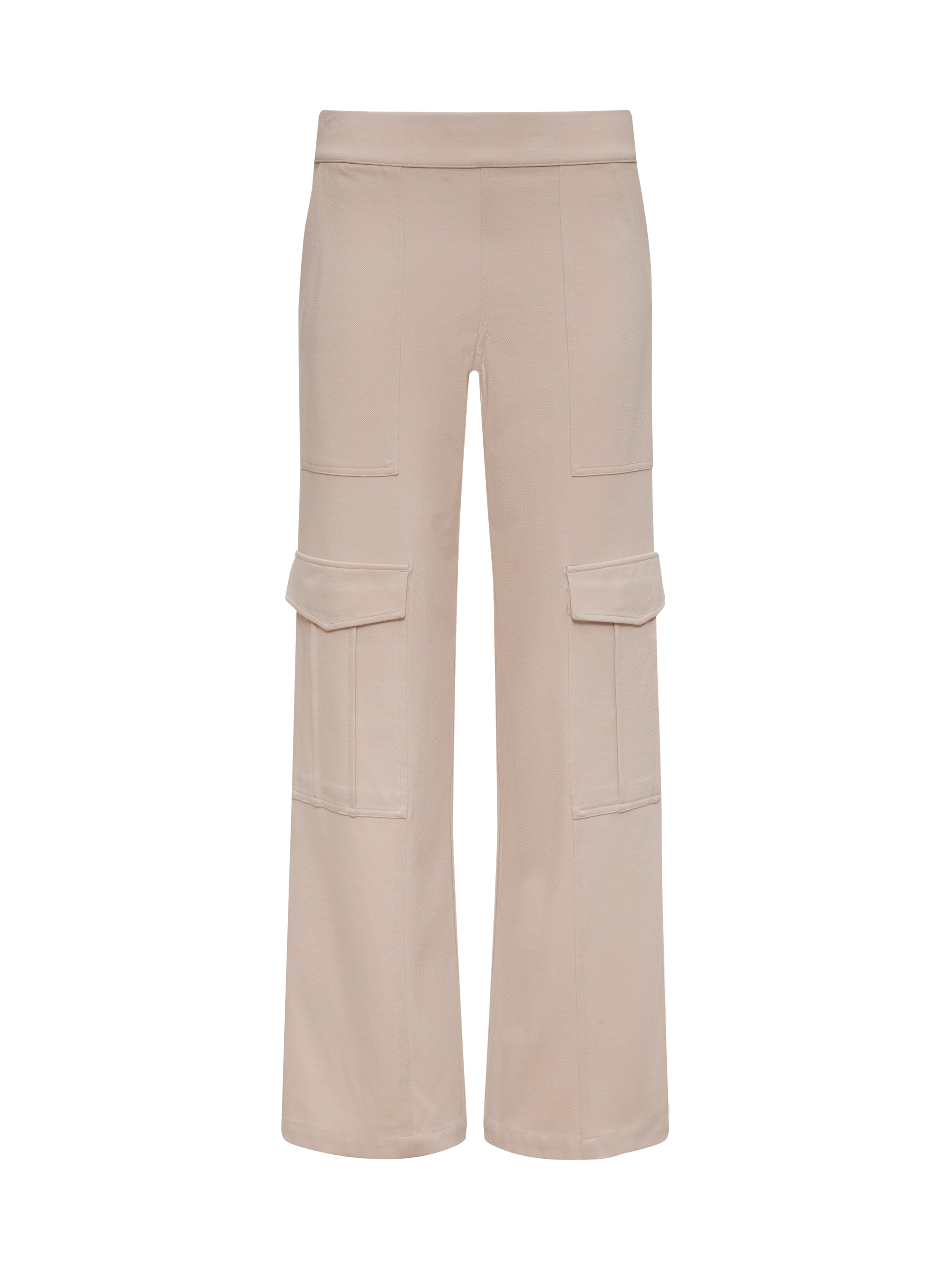 The "ponte travel cargo toasted almond" pants by Sanctuary Clothing feature wide legs and multiple pockets, including large flap pockets on the sides, offering a casual style. They are displayed on a plain white background.