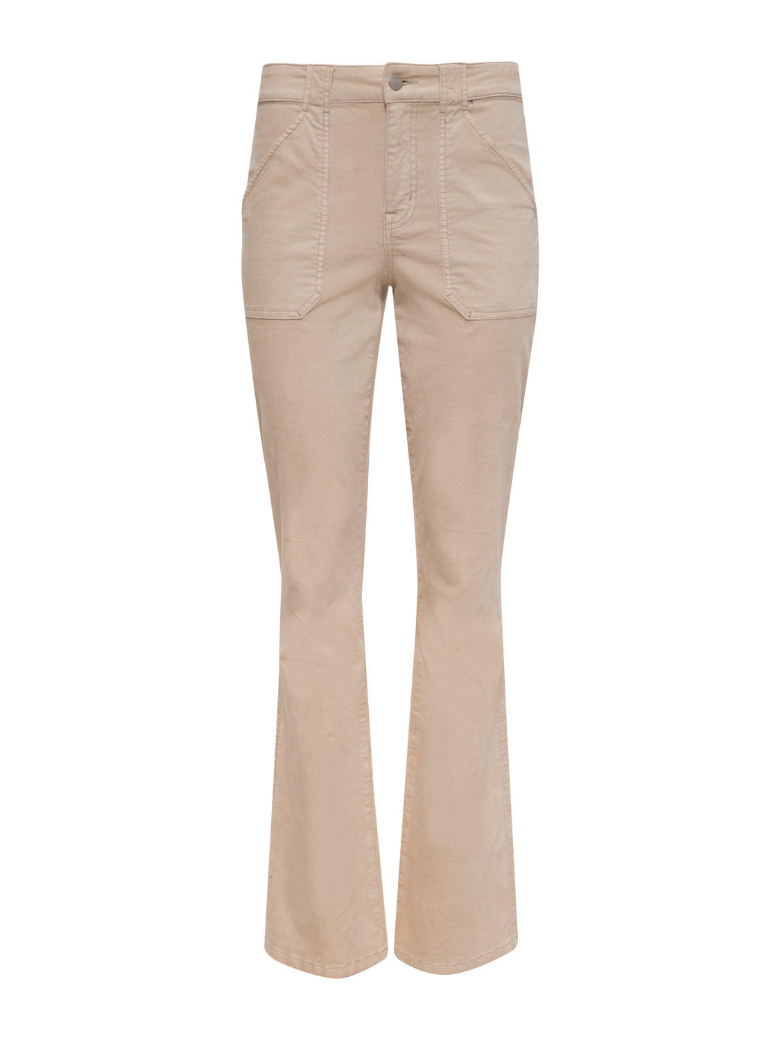 The velveteen hayden bootcut toasted almond jeans by Sanctuary Clothing feature a beige tone with a high waist and front pockets, complete with a button and zipper closure.