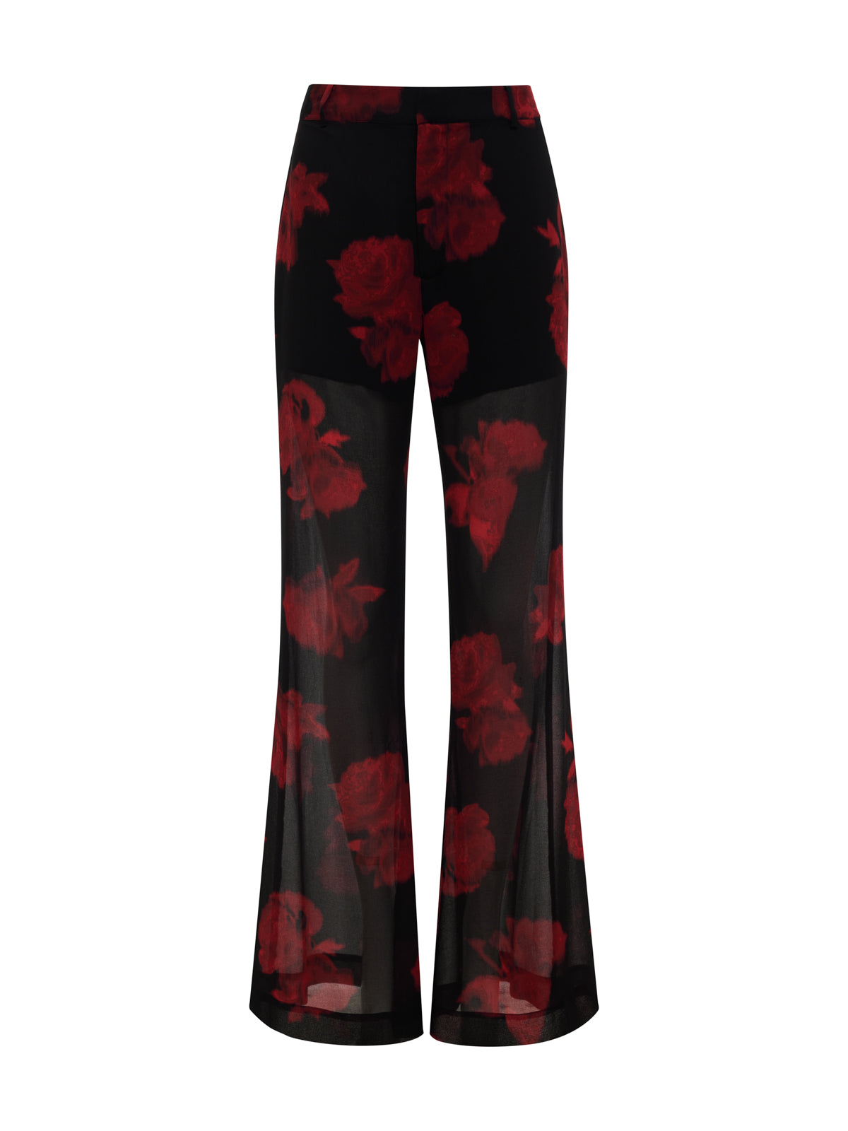 The Sheer Nights Pant Moody Rose by Sanctuary Clothing features black mesh flared pants with a vibrant red floral design. The semi-transparent fabric and flowy silhouette give a bold and stylish look.