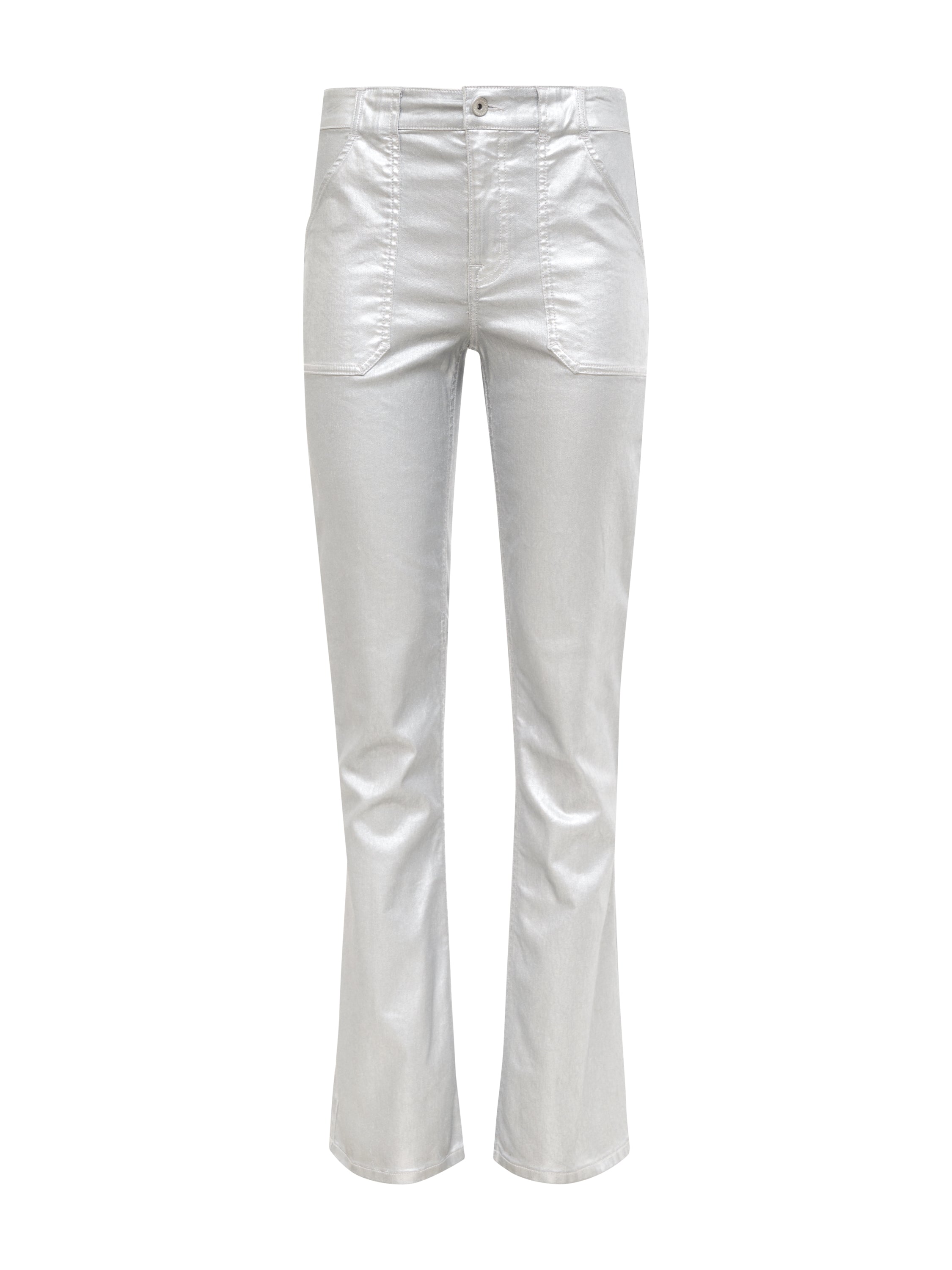 The metallic Hayden bootcut pant in silver by Sanctuary Clothing is designed with front patch pockets and a button closure at the waist. It features a glossy finish for a reflective appearance.