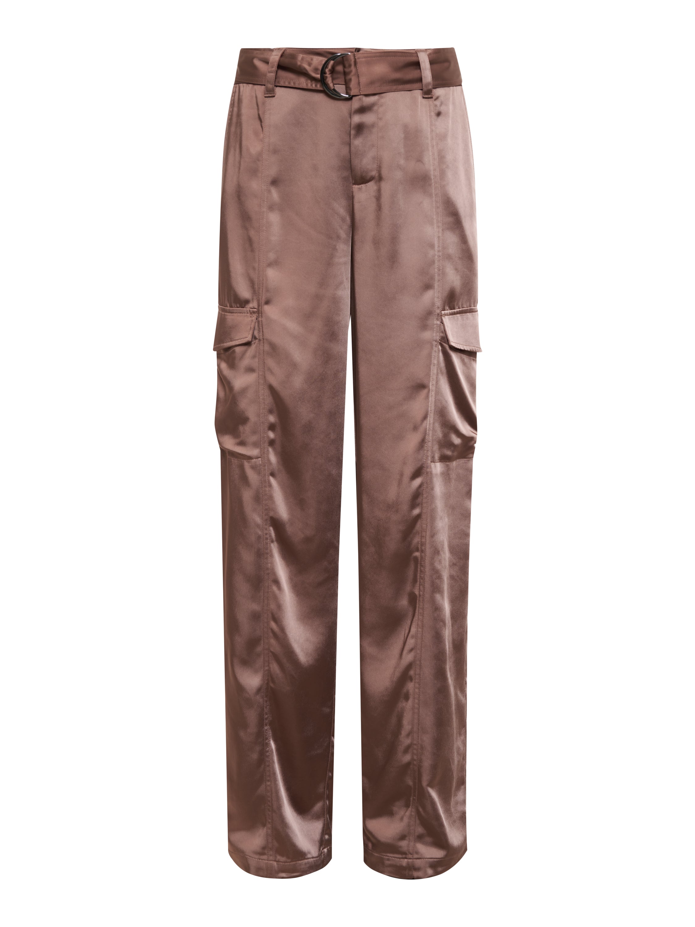 Introducing the 'Classy Wide Leg Cargo Rose Gold' pants by Sanctuary Clothing. These rose gold satin cargo pants feature side pockets, a belted waist, and a tailored design. With their smooth, shiny texture and stylish wide-leg fit, they are perfect for any occasion.