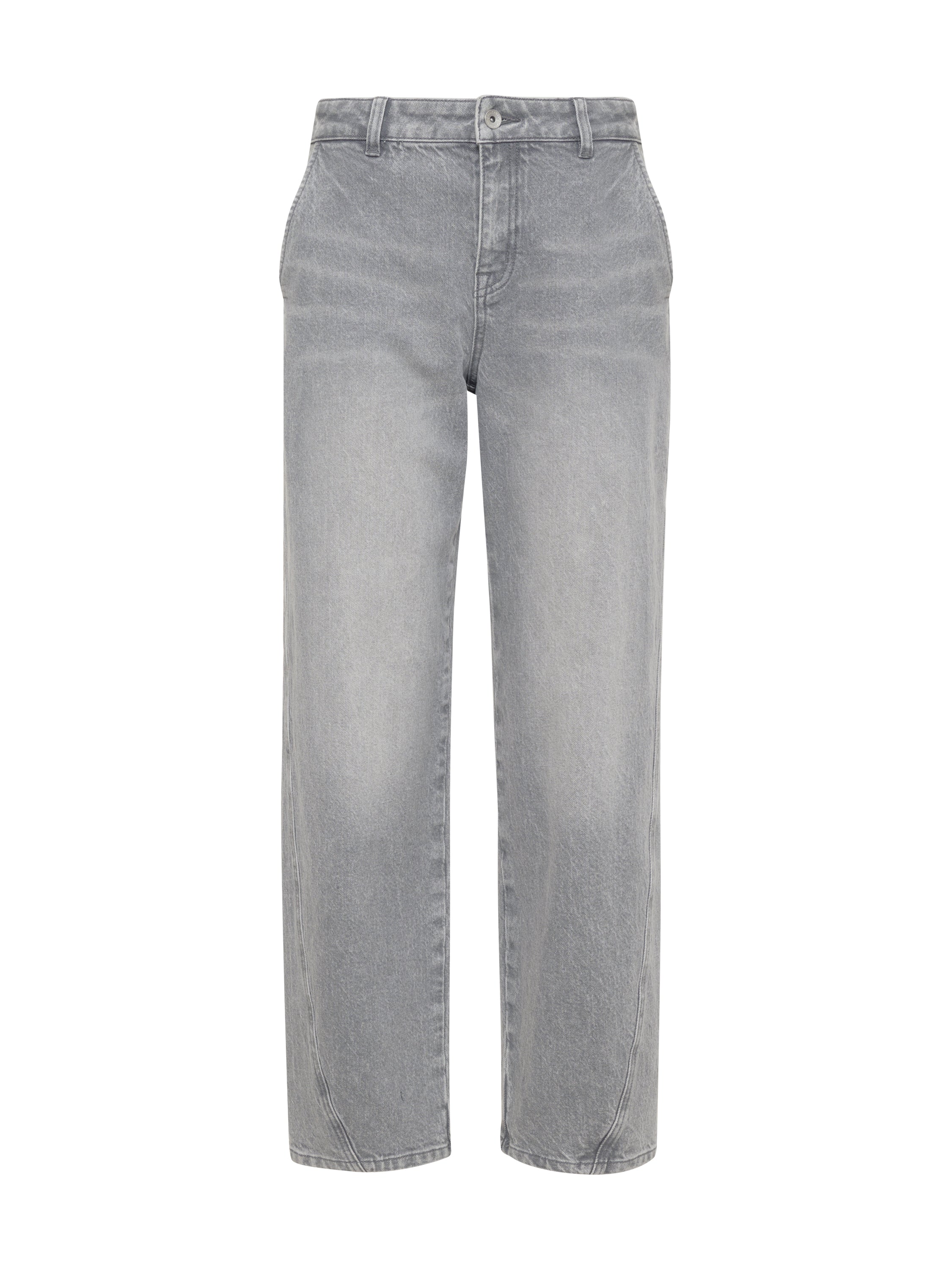 Introducing the "Twisted Seam Jeans Barrel Grey Mist" by Sanctuary Clothing: These distinctive gray denim jeans boast a high waist and straight leg design, complete with subtle fading and classic five-pocket styling.