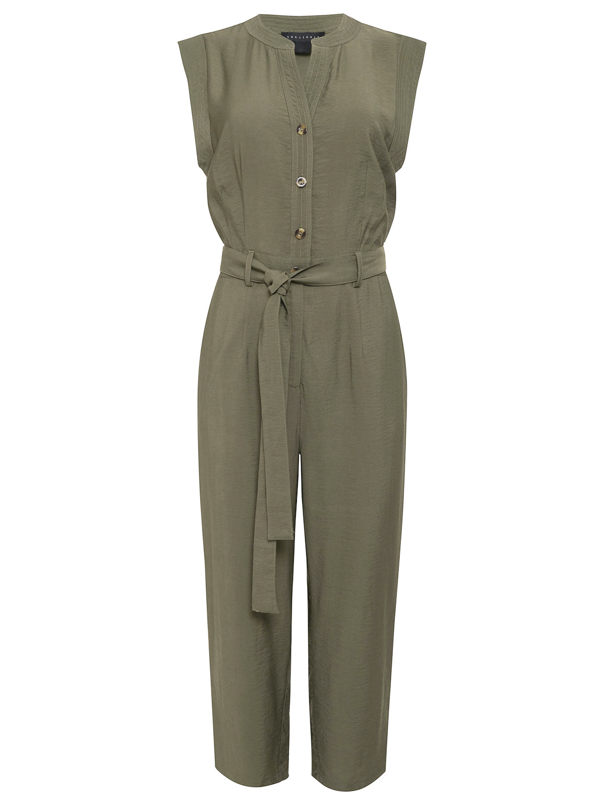 The Prima Jumpsuit Burnt Olive by Sanctuary Clothing is an olive-green sleeveless jumpsuit featuring a button-up front, V-neckline, and a fabric belt tied at the waist. It has a tailored fit with straight-leg pants ending at the ankle.