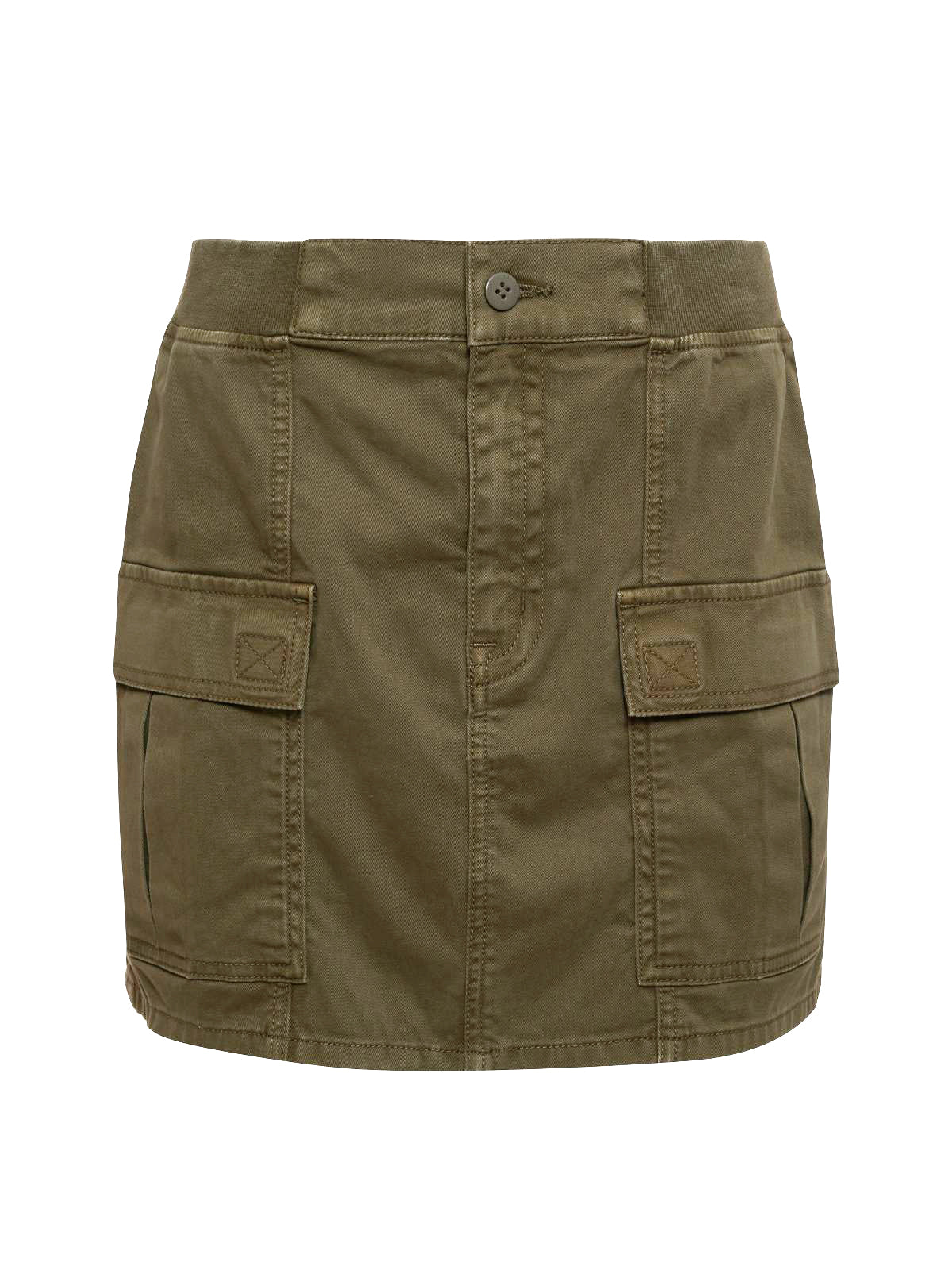 The Surplus Essential Skirt in Burnt Olive by Sanctuary Clothing features a high-waisted design with a front button and zipper closure. This trendy, utilitarian skirt includes two large front pockets with flap closures and additional stitched detailing.