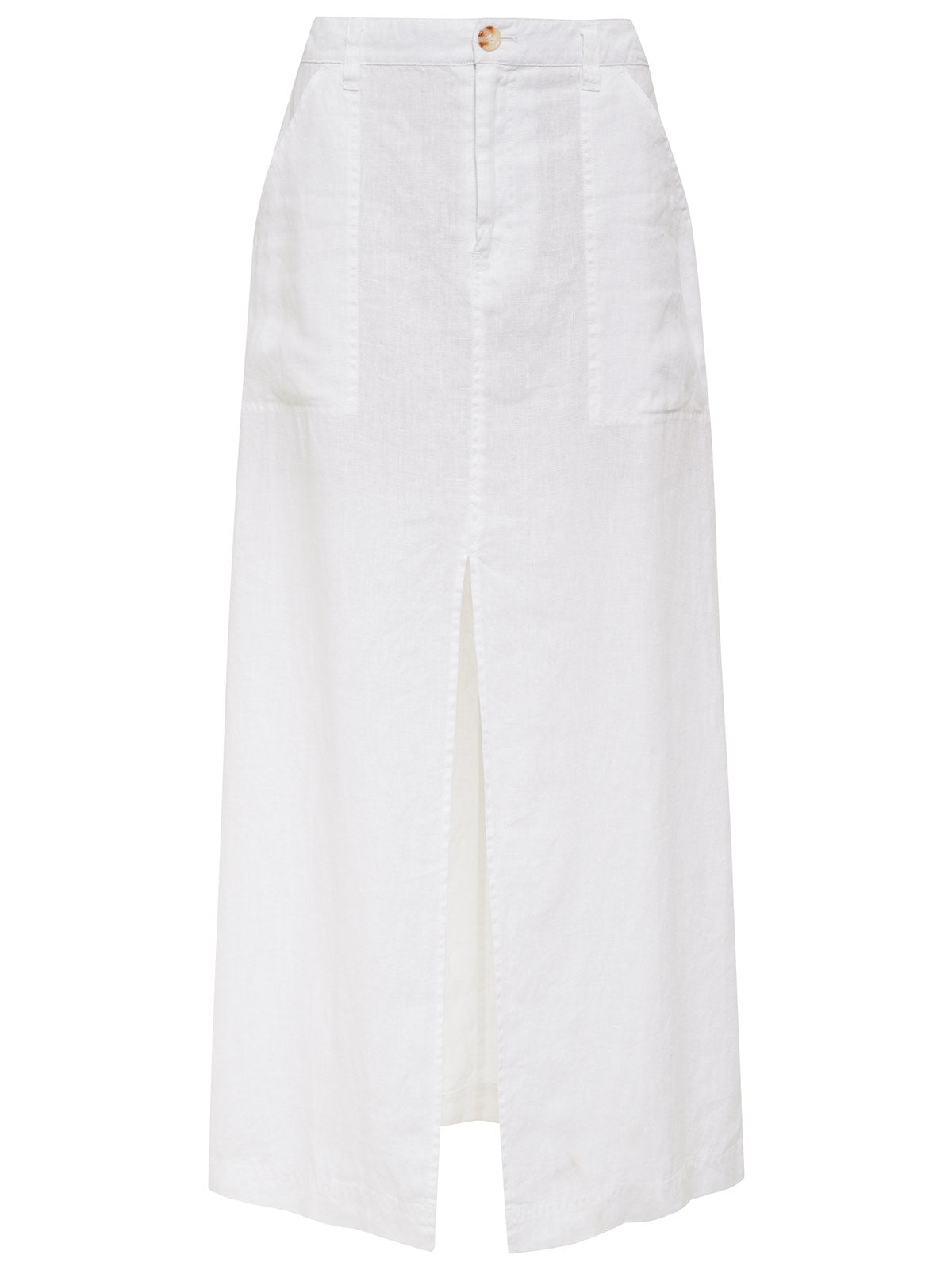 The Boardwalk Slip Skirt White by Sanctuary Clothing is a white, high-waisted midi skirt featuring a front slit. It includes two front pockets, a button and zip closure, and is crafted from lightweight fabric.