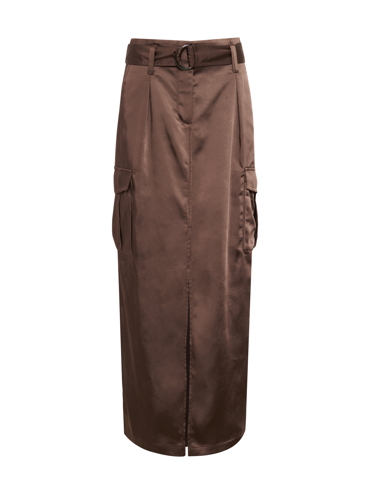 Presenting the Classy Cargo Skirt Brown Sugar by Sanctuary Clothing: a high-waisted, chocolate brown satin midi skirt featuring a front slit and matching belt. This elegant piece includes two side pockets, making it the perfect choice for both casual and formal occasions with its sleek design.