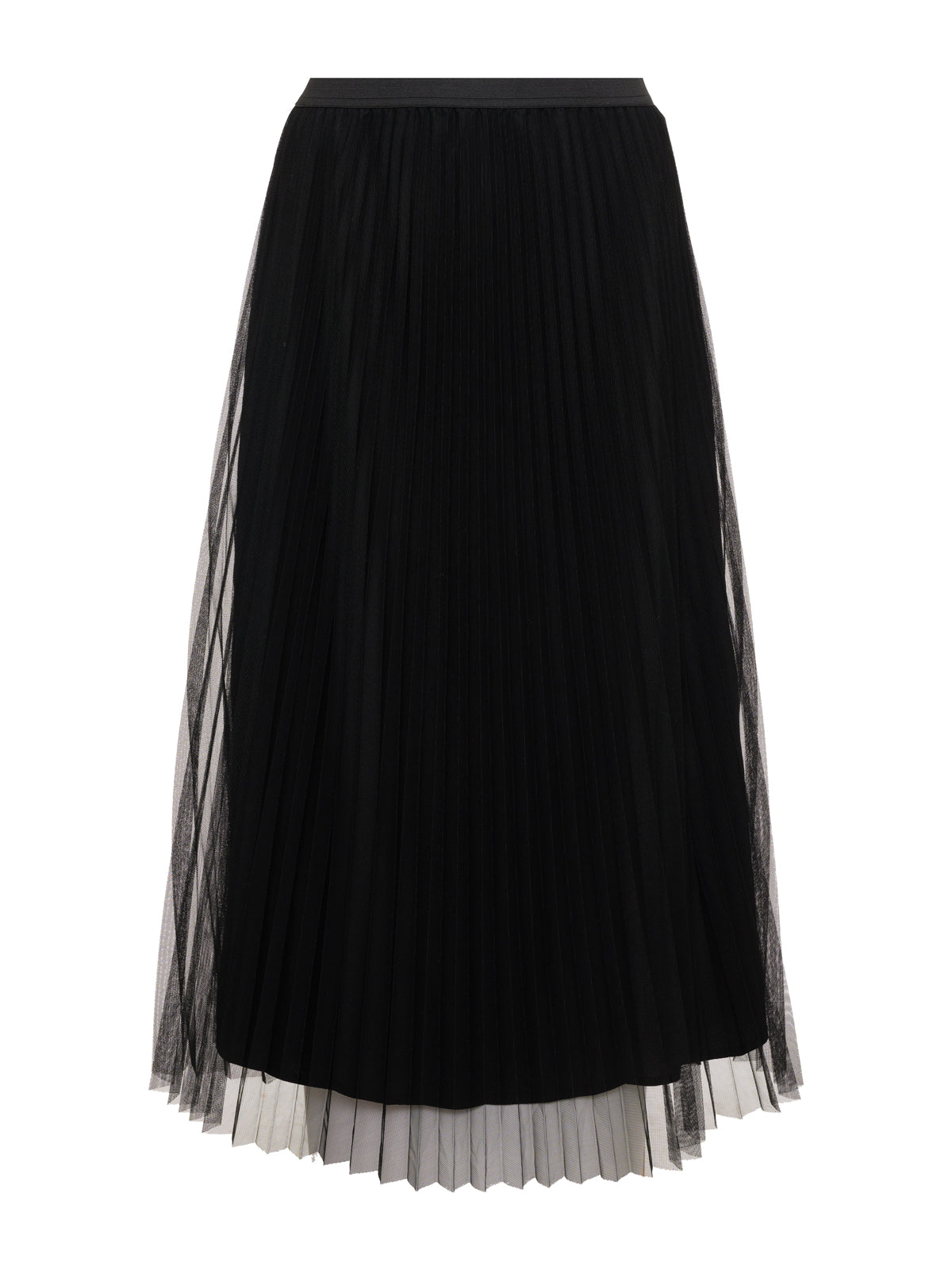 The Tulle Pleated Midi Skirt Black by Sanctuary Clothing boasts a sheer outer layer that creates a slightly transparent effect. This elegant skirt features an A-line silhouette and falls below the knee, offering a classic and refined appearance.