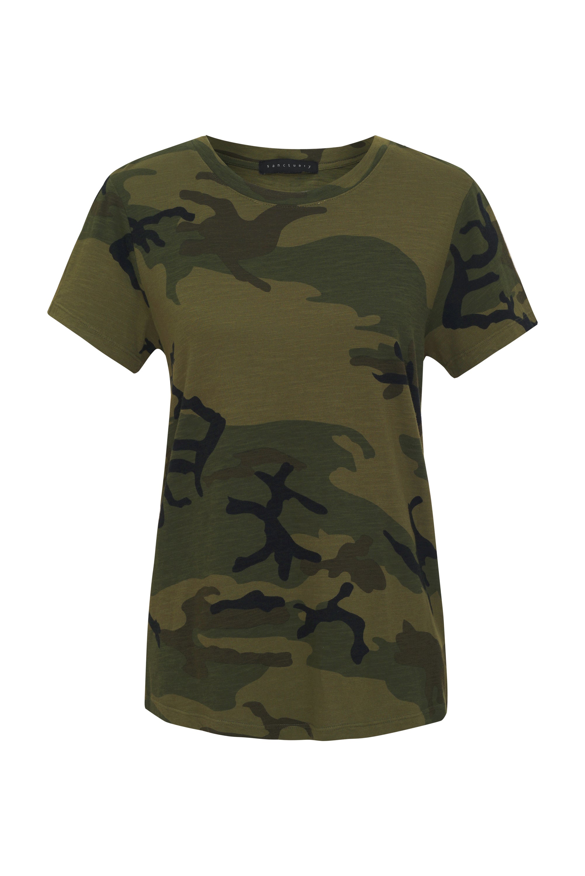 The Perfect Tee Hiker Camo by Sanctuary Clothing is a short-sleeved t-shirt featuring a traditional military camouflage pattern with various shades of green and black. It boasts a round neckline and offers a relaxed fit.