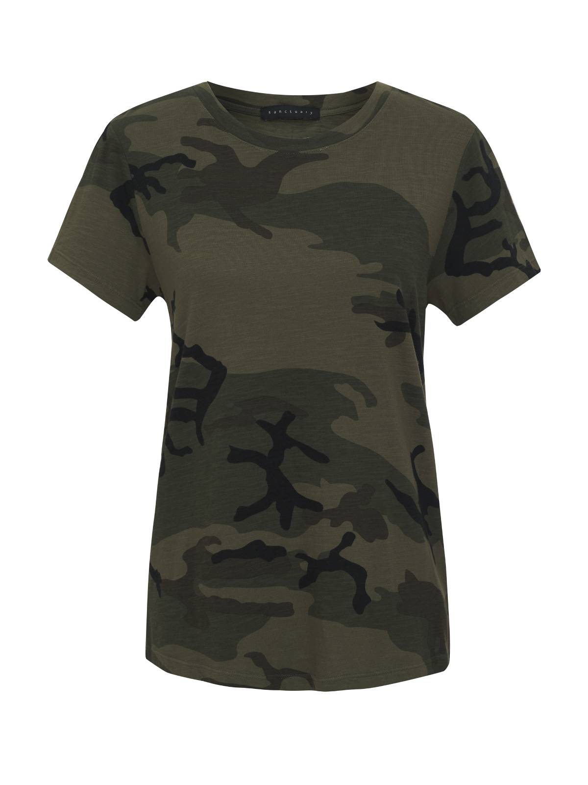 The Perfect Tee Hiker Camo Inclusive Collection by Sanctuary Clothing features a short-sleeve, round neck t-shirt with an intricate military-style camouflage pattern in various shades of green and black. The shirt is showcased against a white background, highlighting its unique and abstract design.