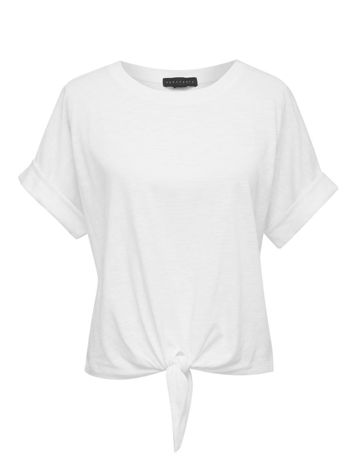 The All Day Tie Tee from Sanctuary Clothing's Inclusive Collection is a white, short-sleeved, round-neck T-shirt featuring rolled-up sleeves and a knotted front detail. The fabric looks soft and lightweight, with a black tag displaying white text visible on the inner back neckline.