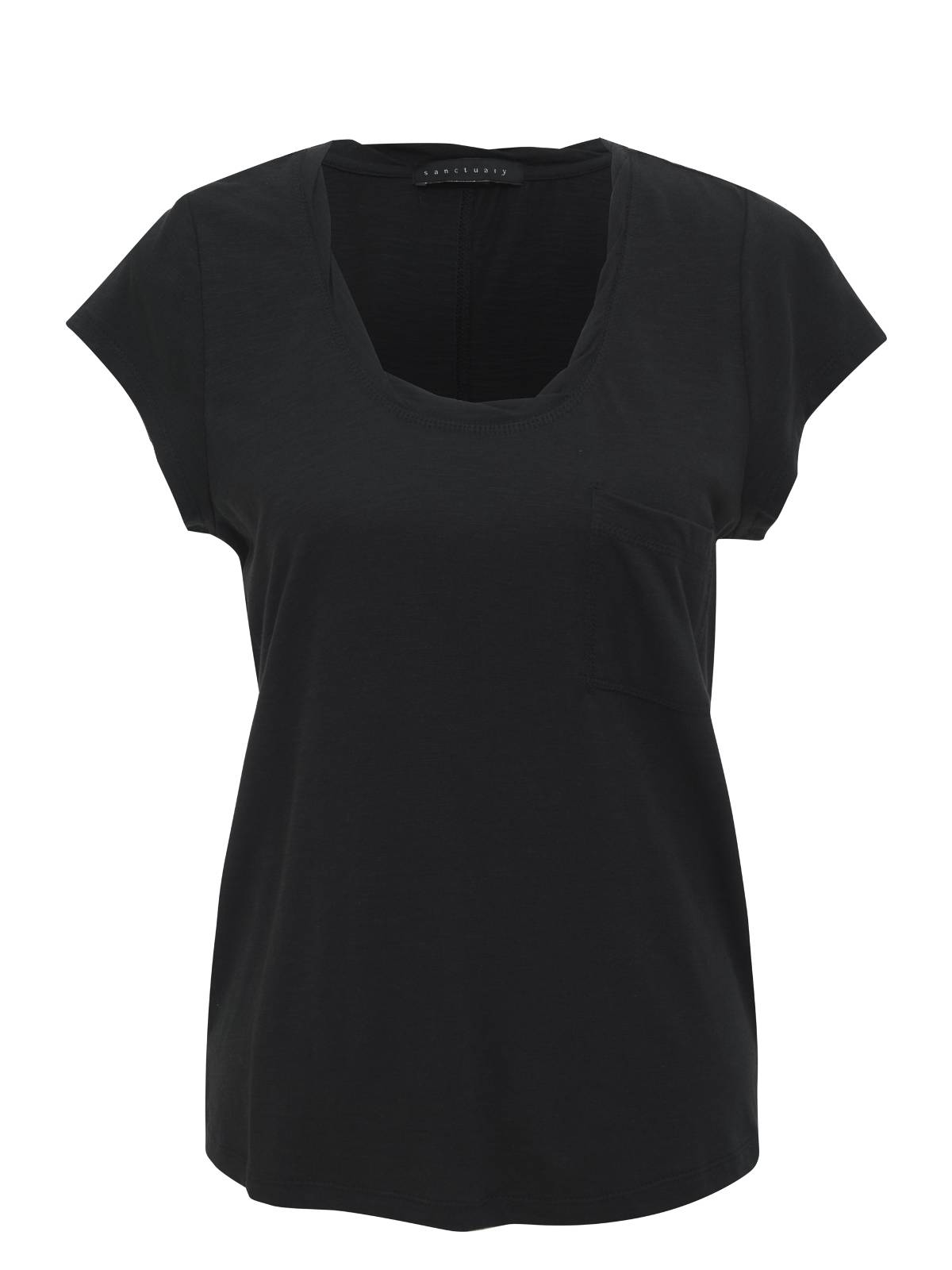 The Sanctuary Clothing Traveler Twist Tee Black is a plain black women's scoop neck t-shirt featuring short sleeves and a small pocket on the left chest. The fabric appears smooth and lightweight.