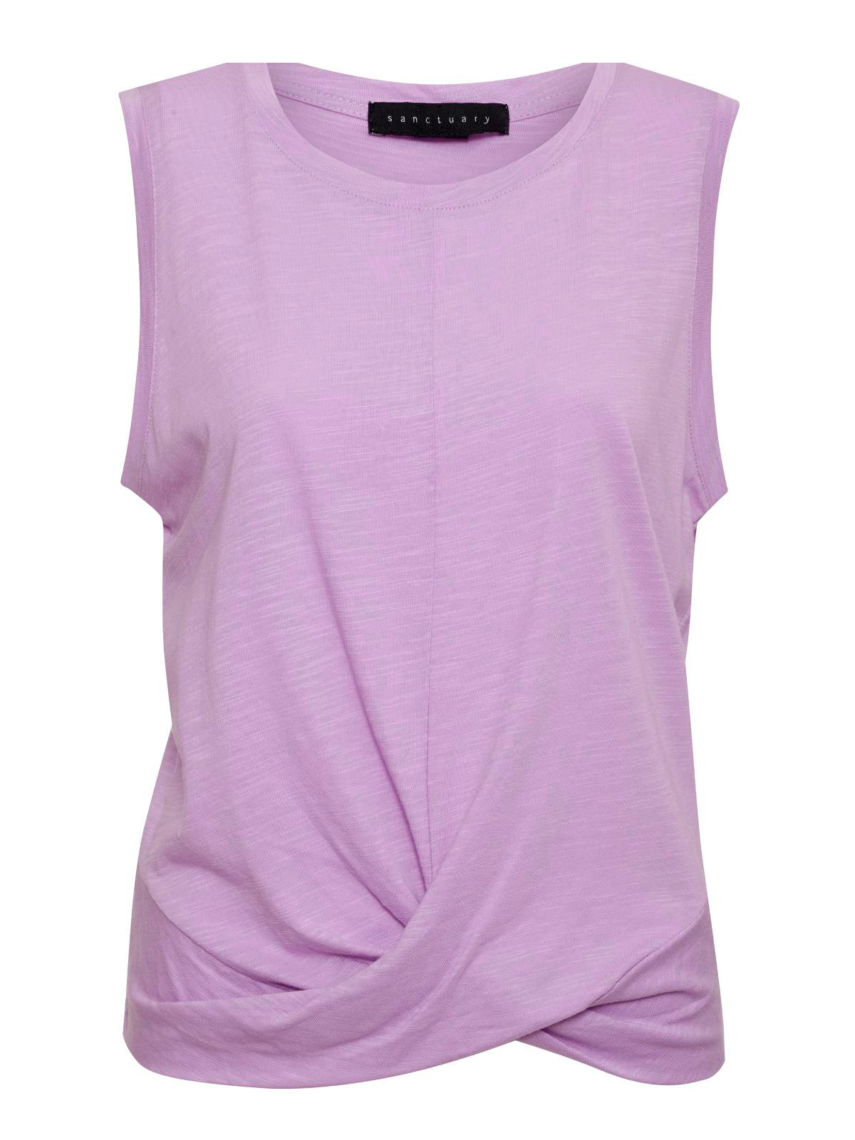 The Twisted Tank Iris by Sanctuary Clothing is a sleeveless top in lavender, featuring a round neckline and a twisted knot design at the front hem for a gathered, draped look. The fabric appears to be lightweight and slightly textured.