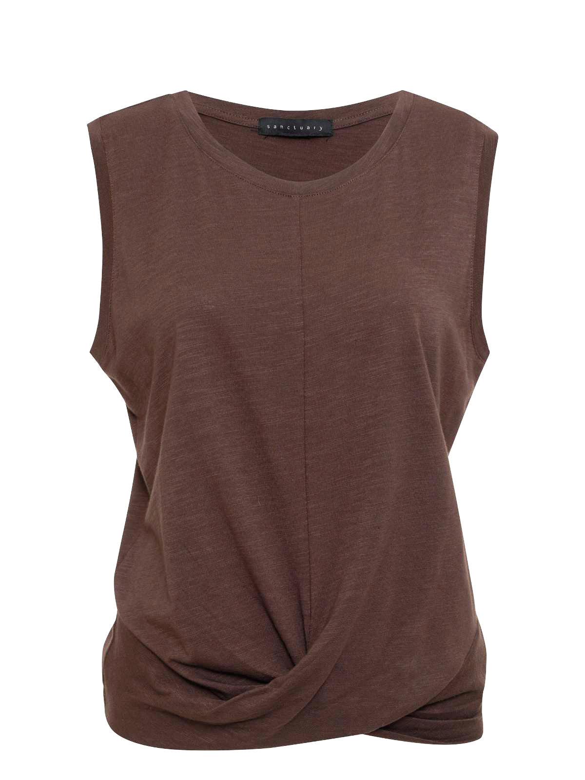 The Twisted Tank Mud Bath by Sanctuary Clothing is a sleeveless top with a crew neck and a distinctive twist knot detail at the front hem. Made from soft, lightweight material, it is ideal for casual wear. The top is showcased on a plain white background.