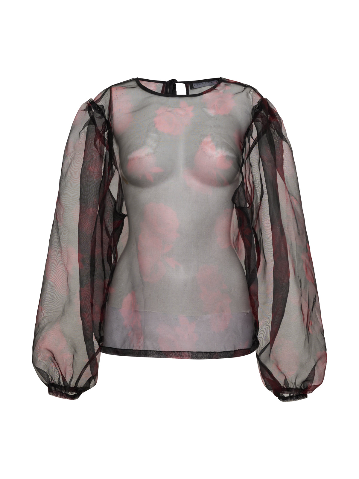 Introducing the Moody Sheer Blouse Moody Rose by Sanctuary Clothing: a delicate, long-sleeve blouse adorned with a charming floral pattern of pink flowers. Crafted from translucent fabric, this blouse exudes an airy and refined look. The puffed sleeves gathered at the wrists add a touch of volume to the elegant design.