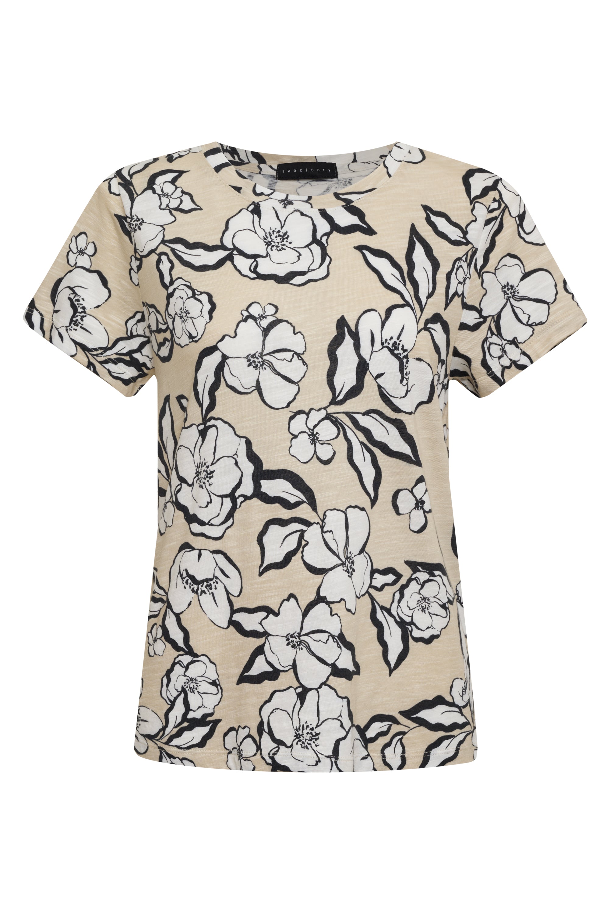 The Perfect Tee Neutral Floral by Sanctuary Clothing is a short-sleeve beige t-shirt adorned with a striking black and white floral print. The large, detailed flowers, complete with petals and leaves, create a bold and stylish pattern that covers the entire fabric. Featuring a round neckline, this t-shirt offers a casual, relaxed fit.