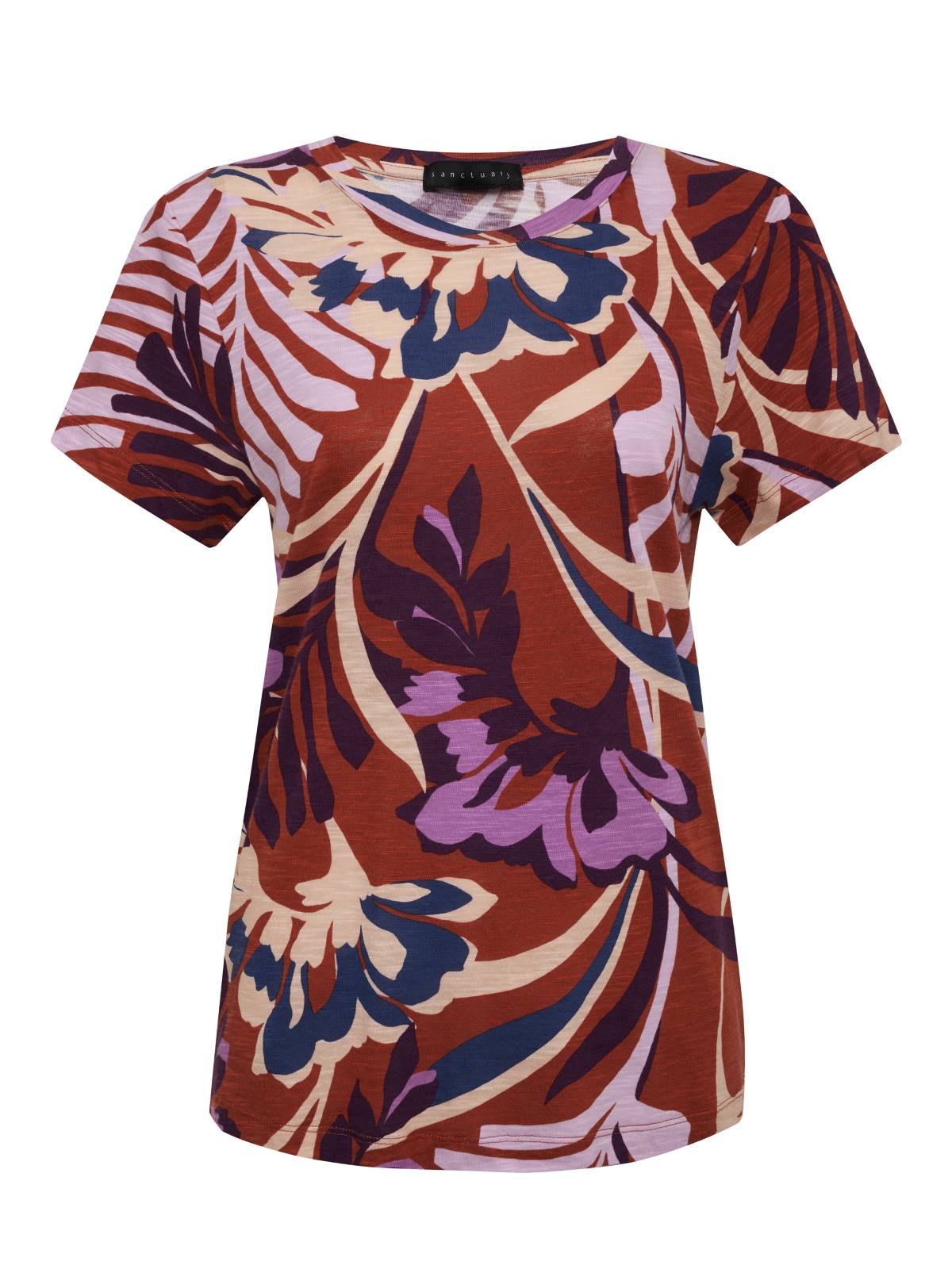 Introducing the Perfect Tee South Palm by Sanctuary Clothing: a short-sleeved T-shirt showcasing a vibrant floral pattern with large abstract flowers and leaves in shades of brown, red, purple, blue, and beige. The background is predominantly brown, complemented by a rounded neckline for added style.