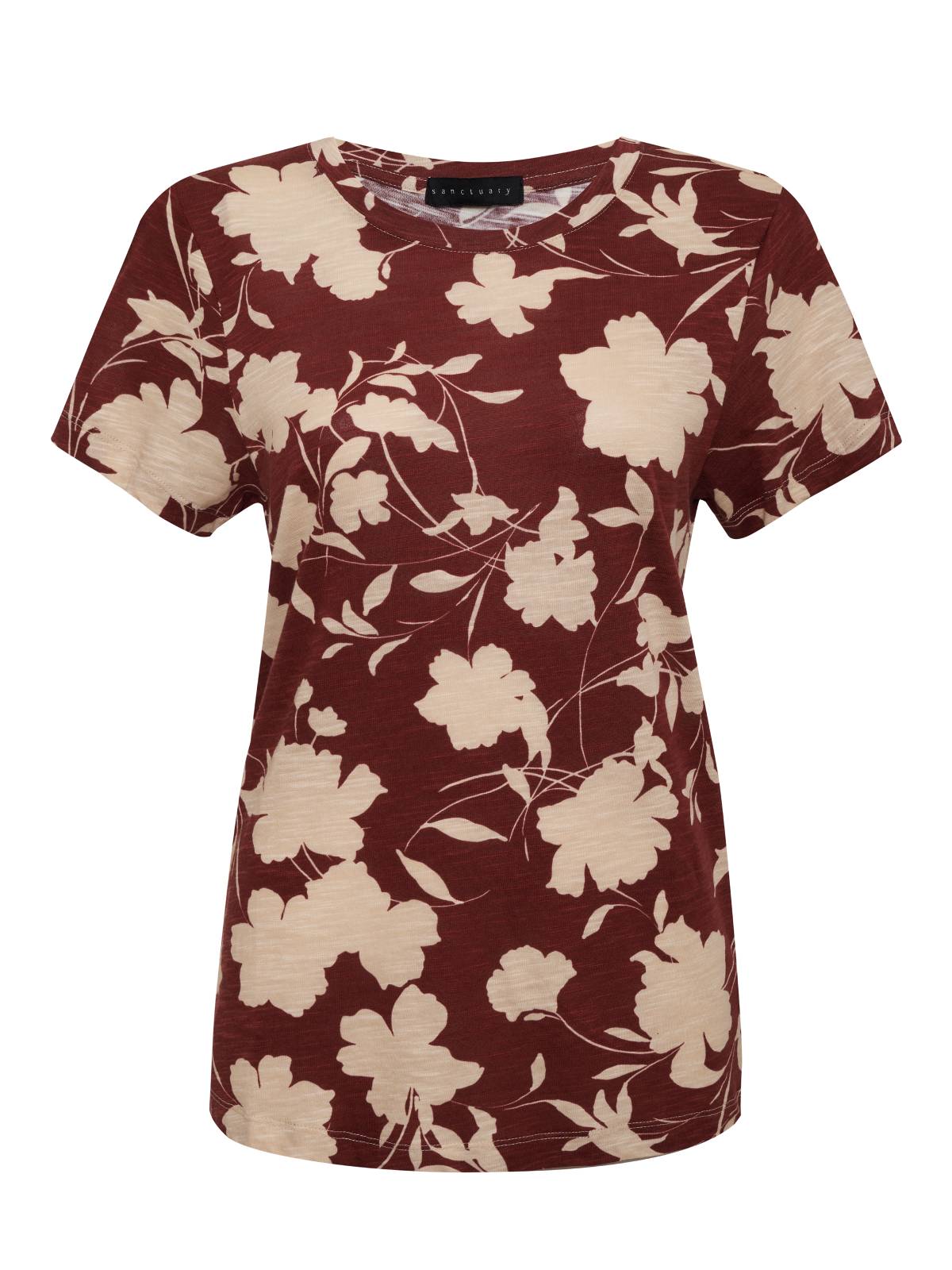 The Perfect Tee Warm Vista from Sanctuary Clothing's Inclusive Collection is a short-sleeved, maroon t-shirt adorned with a beige floral print. It features a round neckline and offers a casual fit, perfect for everyday wear.