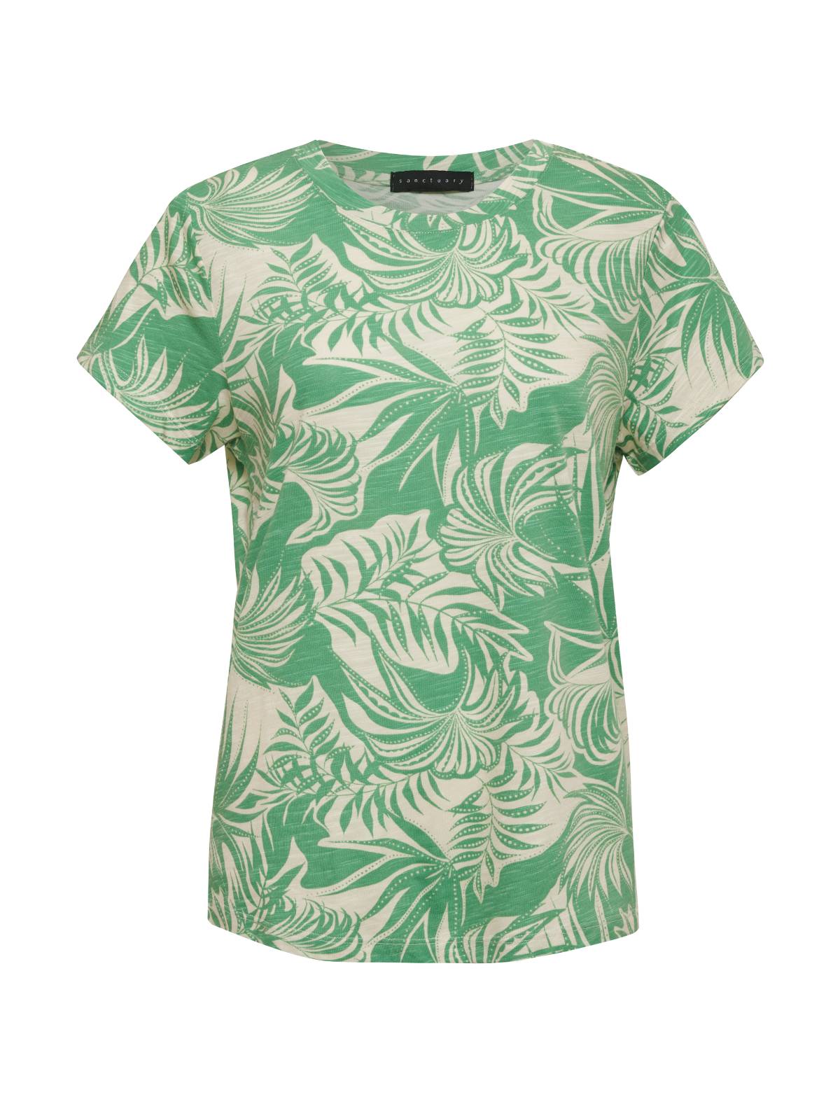 The Perfect Tee Cool Palm Inclusive Collection by Sanctuary Clothing is a short-sleeve, crew-neck t-shirt featuring a green and white tropical leaf print. The shirt offers a relaxed fit and casual style, making it ideal for warm weather.