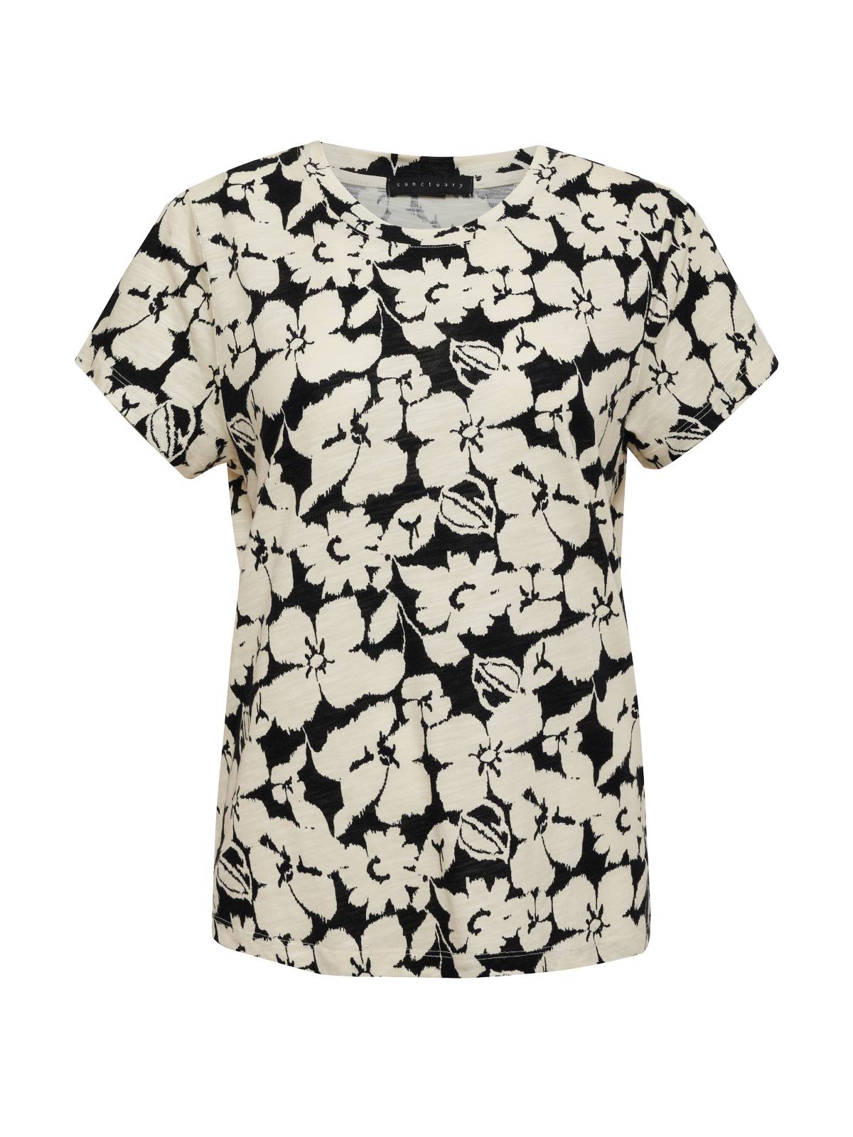 The Perfect Tee Echo Blooms by Sanctuary Clothing is a short-sleeved women's shirt featuring a black and white floral pattern. The shirt boasts a round neckline and offers a loose fit.