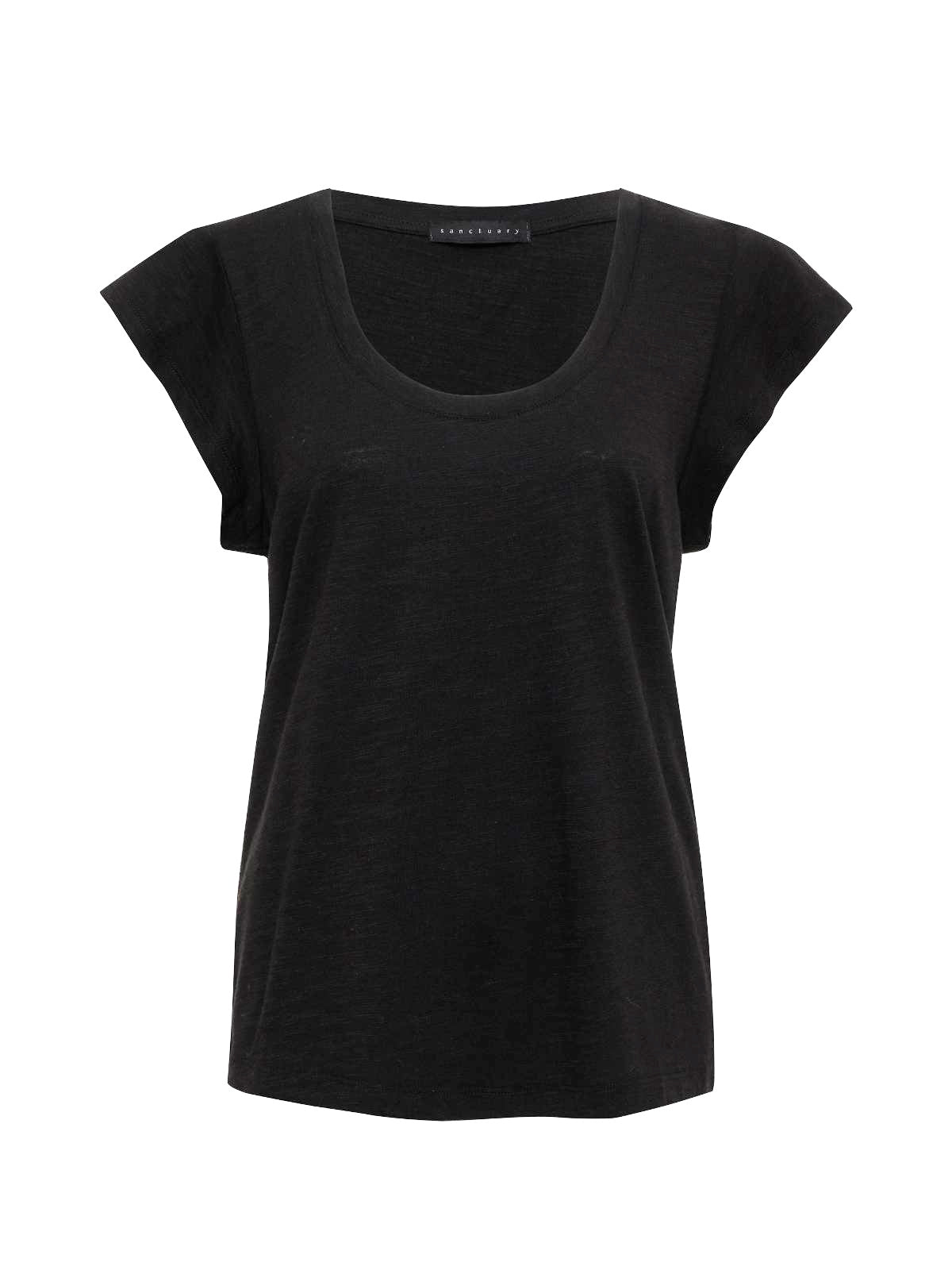 The West Side Tee Black by Sanctuary Clothing is a plain black short-sleeve T-shirt with a round neckline, displayed against a white background. It features a relaxed fit and minimalist design with no visible patterns or logos.