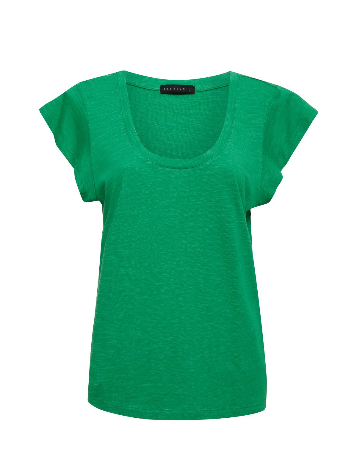 The West Side Tee Green Goddess from Sanctuary Clothing's Inclusive Collection is showcased on a plain white background. This green short-sleeve t-shirt features a scoop neckline, lightweight fabric with a subtle texture, and a relaxed fit without any visible logos or designs.