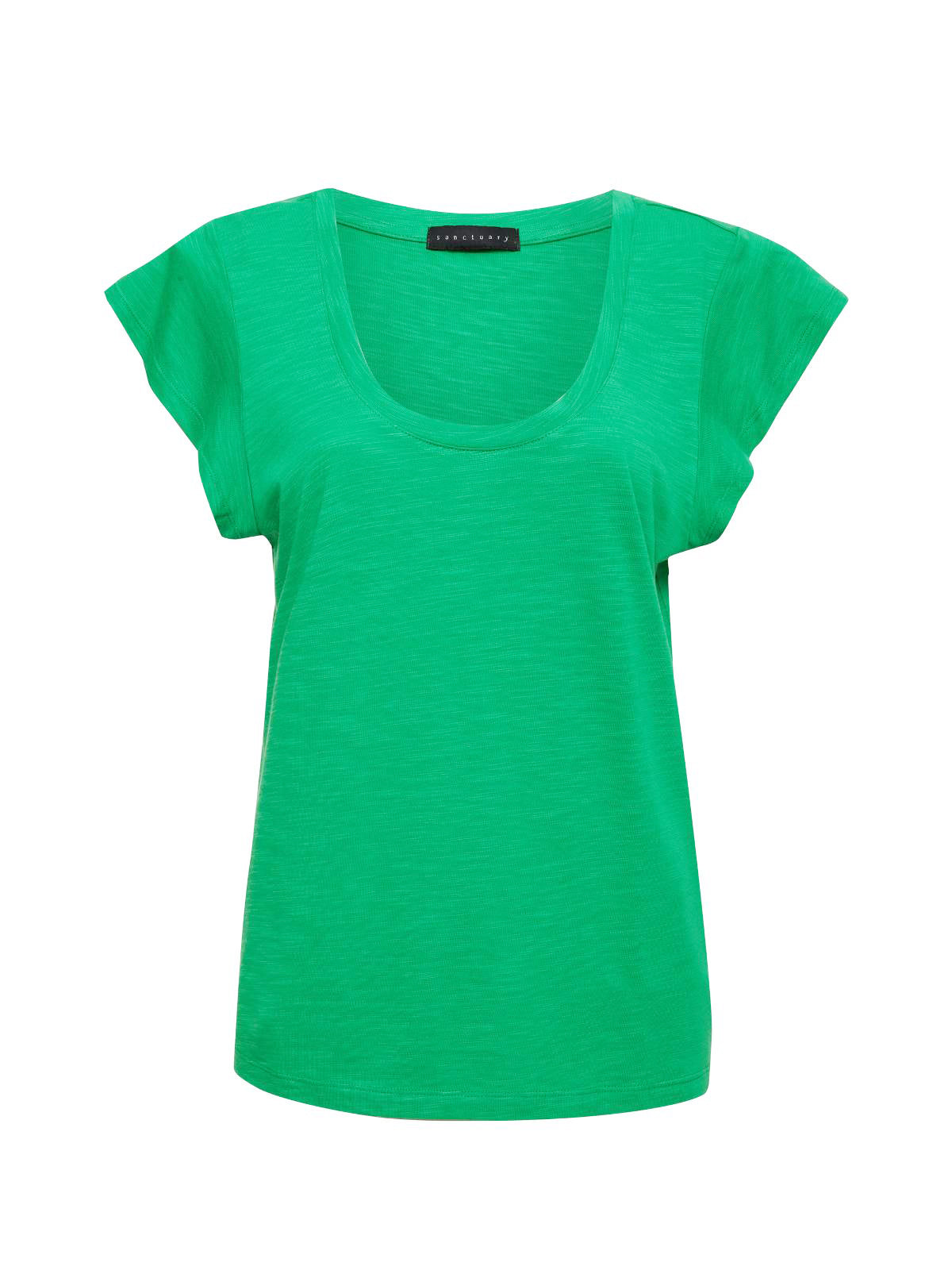 A vibrant green West Side Tee Green Goddess by Sanctuary Clothing, featuring short sleeves and a scoop neckline, is displayed against a white background. This women's T-shirt boasts a simple, casual design with slightly cap sleeves and a relaxed fit.