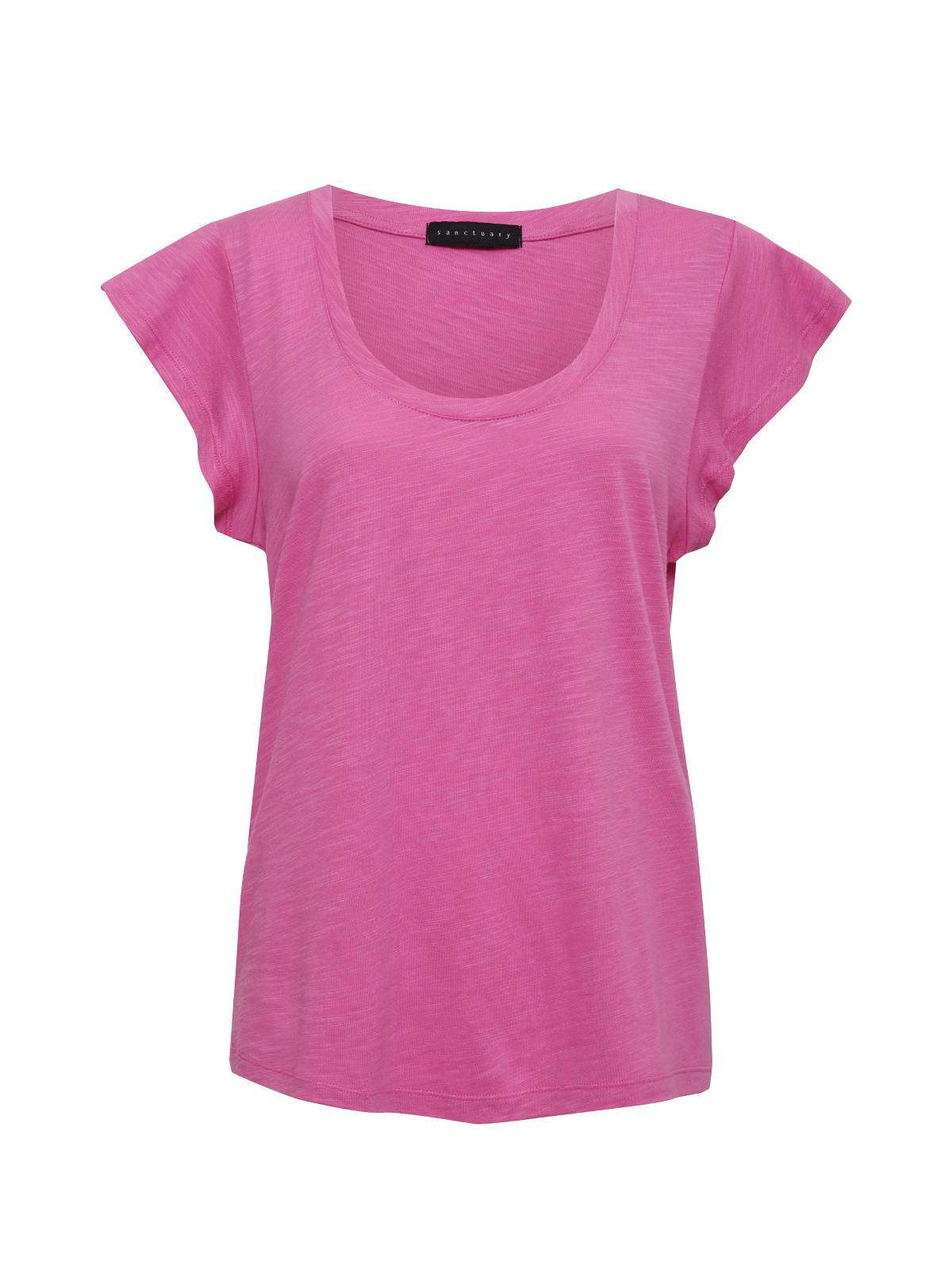 The West Side Tee Wild Pink by Sanctuary Clothing is a bright pink, short-sleeved cotton T-shirt featuring a scoop neckline and a simple, casual design perfect for everyday wear.