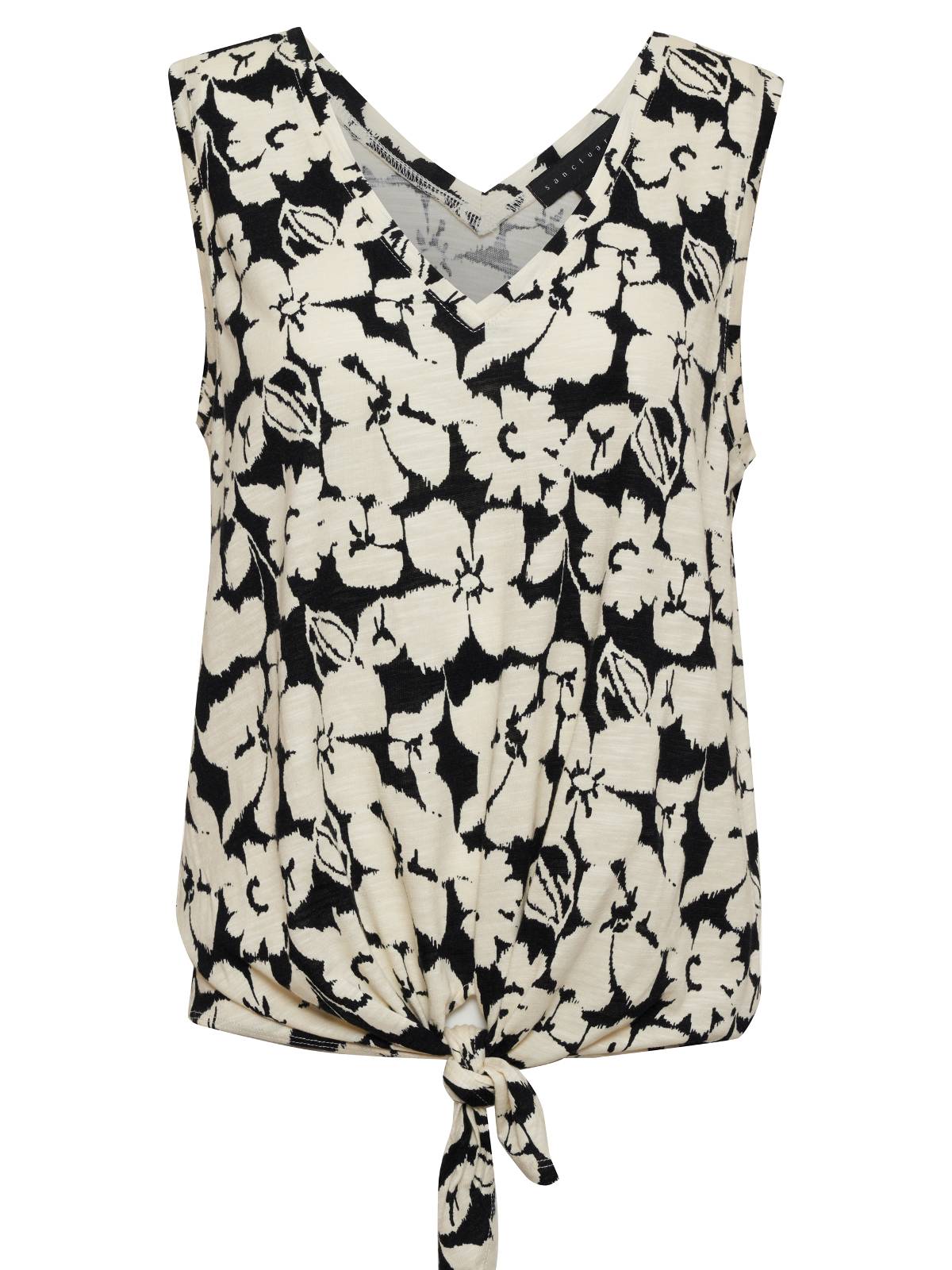 Sanctuary Clothing's V Neck Tie Tank Echo Blooms features a sleeveless, black and white floral pattern with a V-neckline and a tie detail at the bottom front hem.