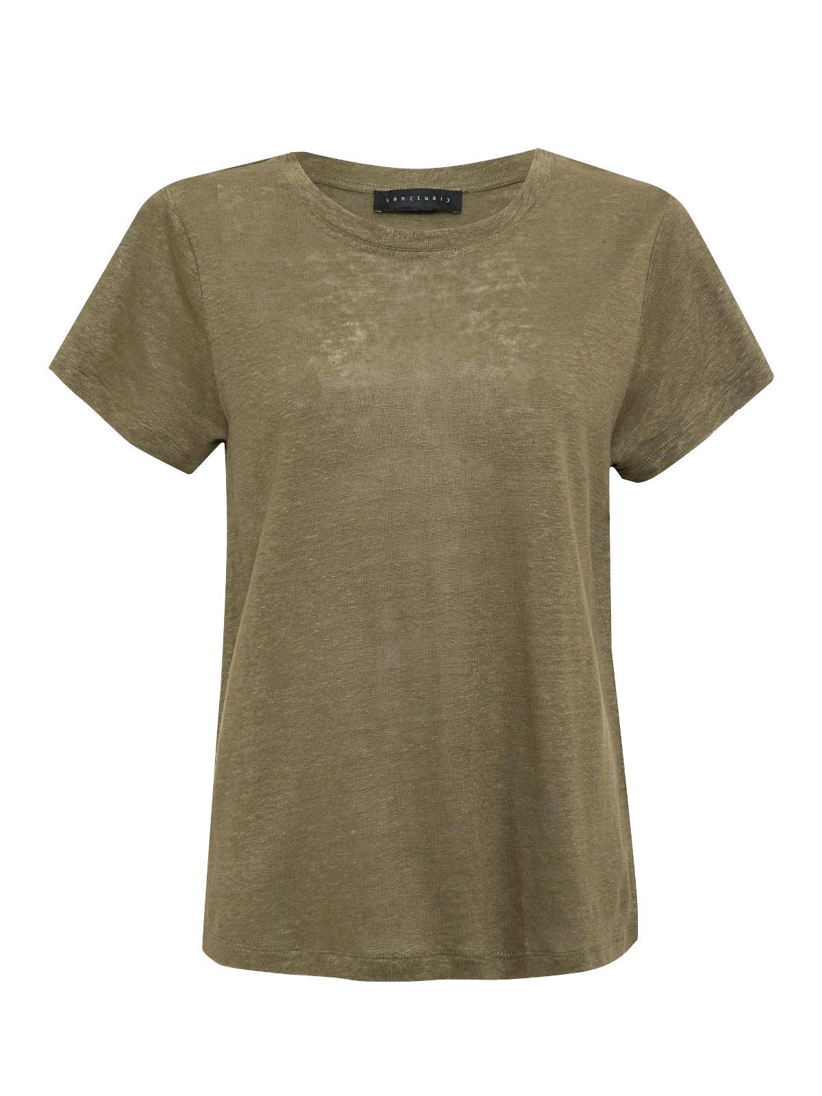 The Linen Perfect Tee Burnt Olive by Sanctuary Clothing is a short-sleeved, olive-green t-shirt featuring a round neckline. The slightly sheer fabric adds a soft, casual look. The shirt is prominently displayed on a white background.