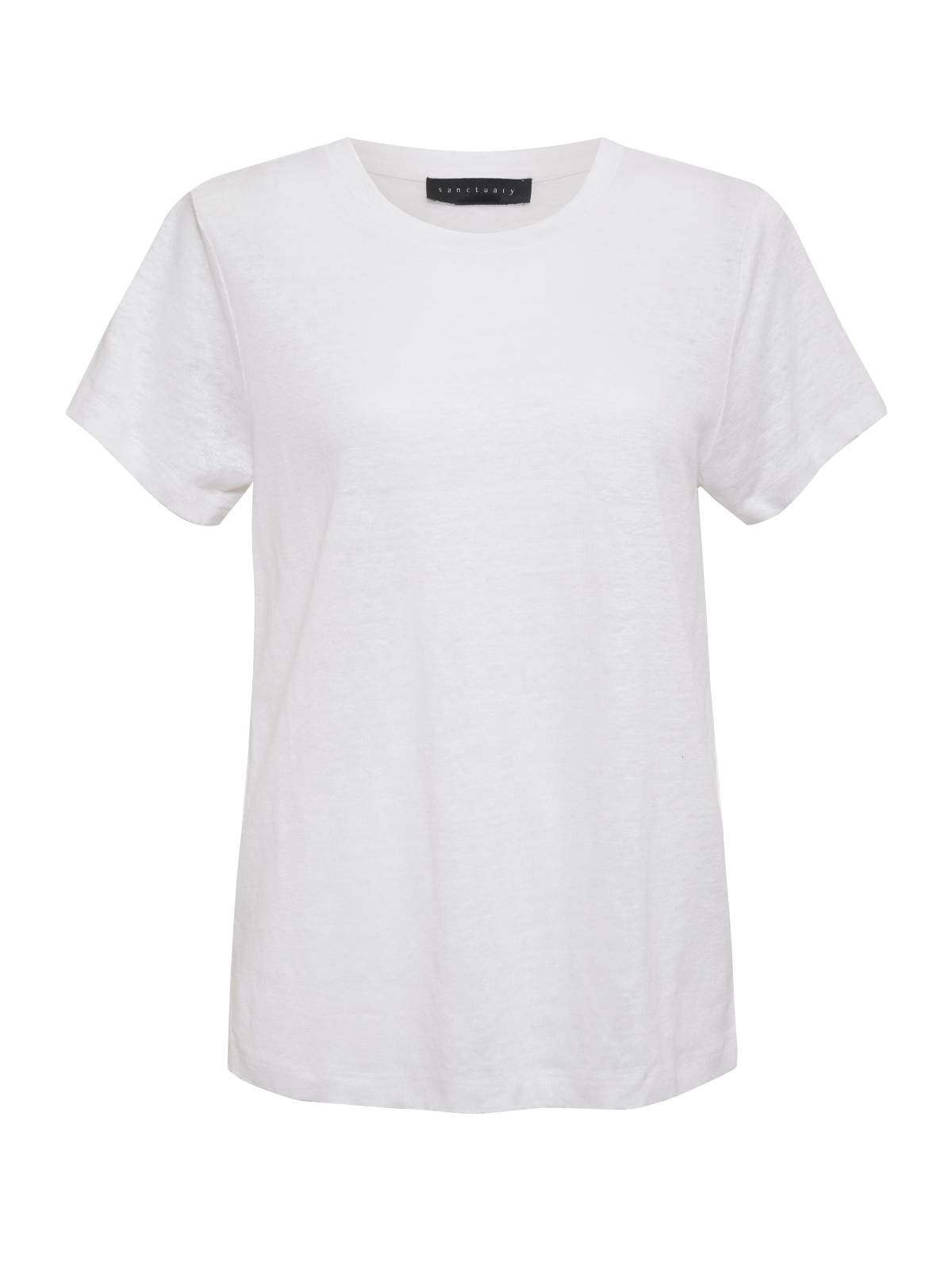 The "Linen Perfect Tee White" by Sanctuary Clothing is a plain white short-sleeve t-shirt featuring a round neckline. It boasts a simple and classic design, complemented by a black tag on the inside back of the neck.