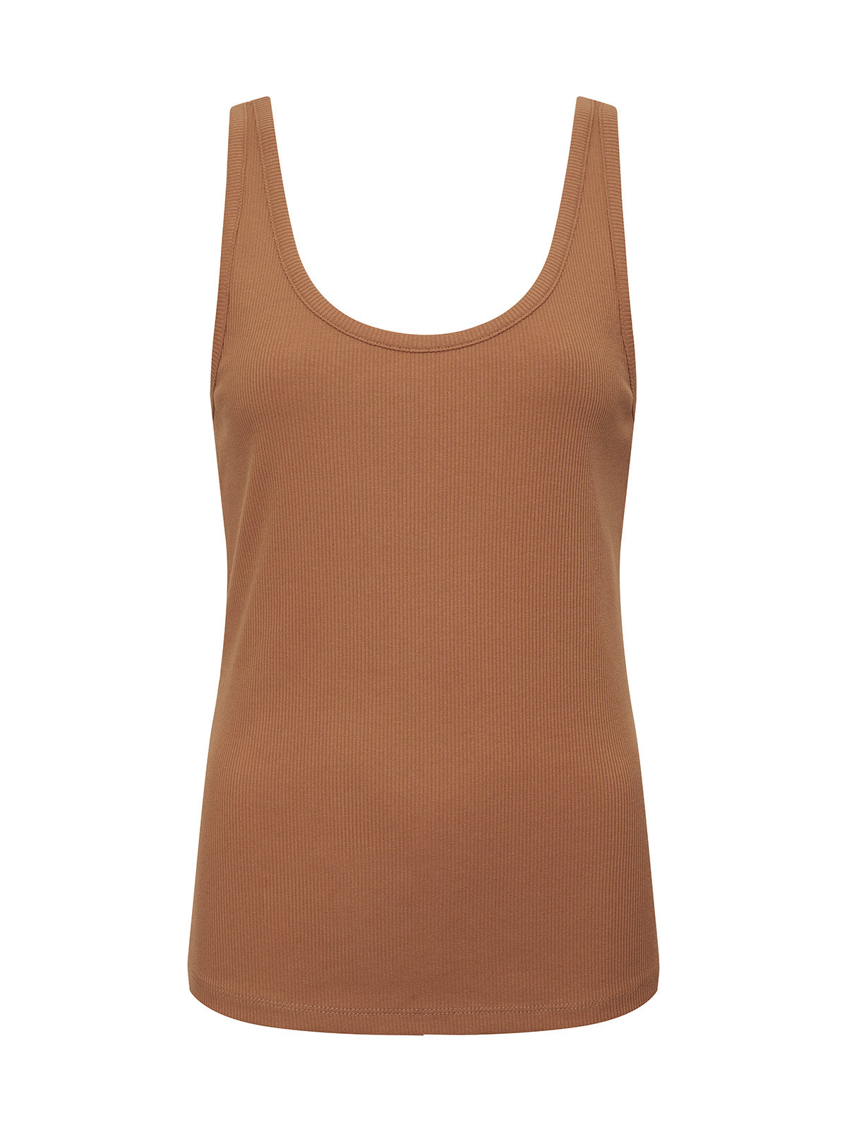 The My Kind Of Tank Mocha Mousse by Sanctuary Clothing is a sleeveless, ribbed brown tank top featuring a scoop neckline. Crafted from lightweight and stretchy fabric, it is designed to provide a close fit. The garment showcases a simple, minimalist style and is photographed against a plain white background.