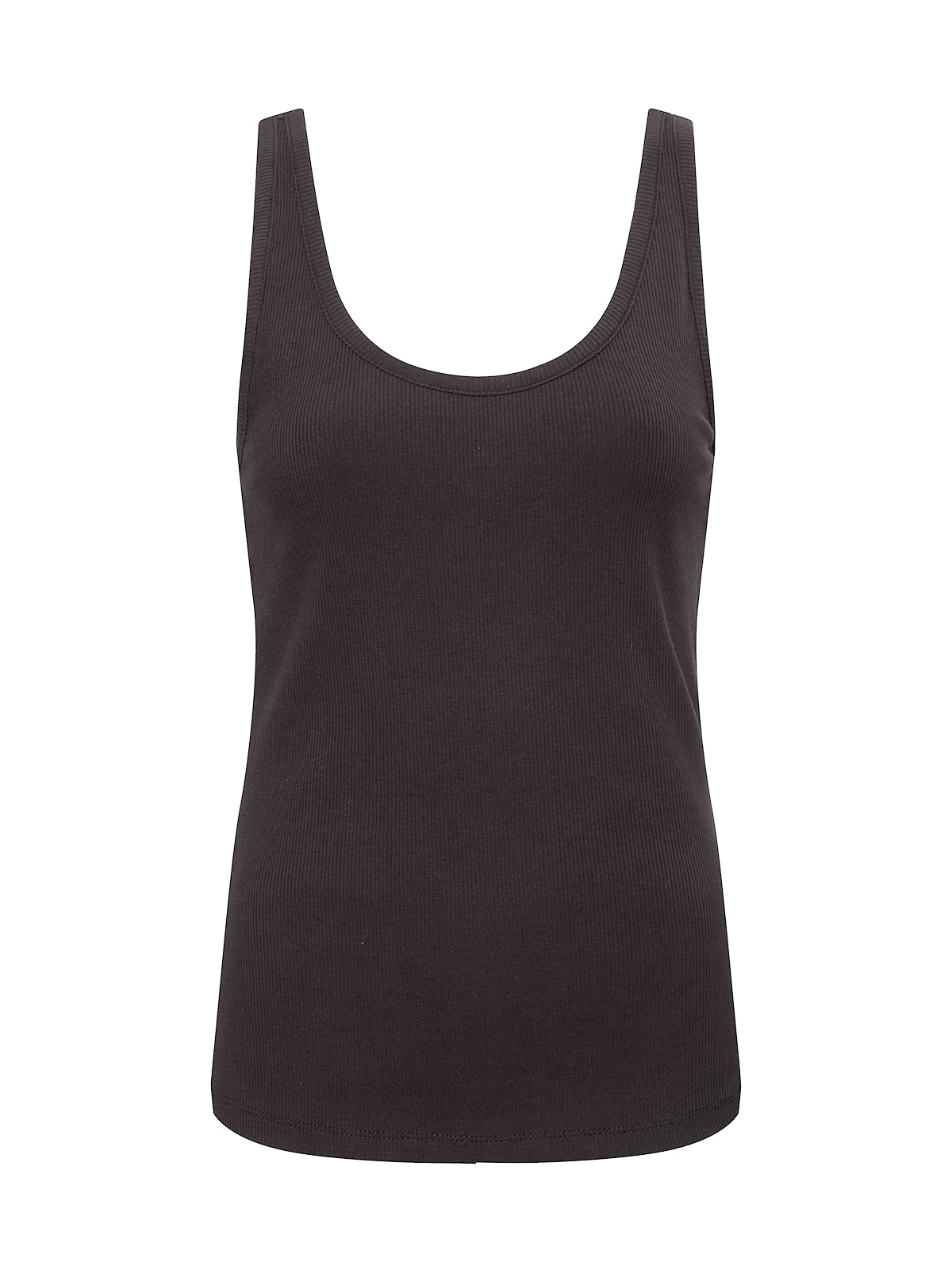 Introducing "My Kind Of Tank Black" by Sanctuary Clothing: This black, sleeveless tank top features a scoop neckline and is crafted from ribbed fabric. The shirt boasts a simple, form-fitting design. Displayed on a plain white background, the image ensures the focus remains on this stylish piece.