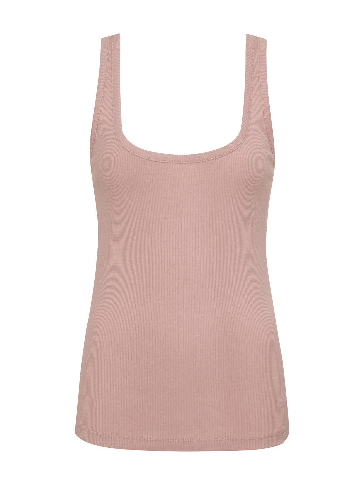 The "My Kind Of Tank Smokey Rose" by Sanctuary Clothing is a sleeveless, scoop-neck tank top in a light pink color. Featuring ribbed material, its simple design lacks any visible patterns or logos. The top hangs neatly in a slim fit style.